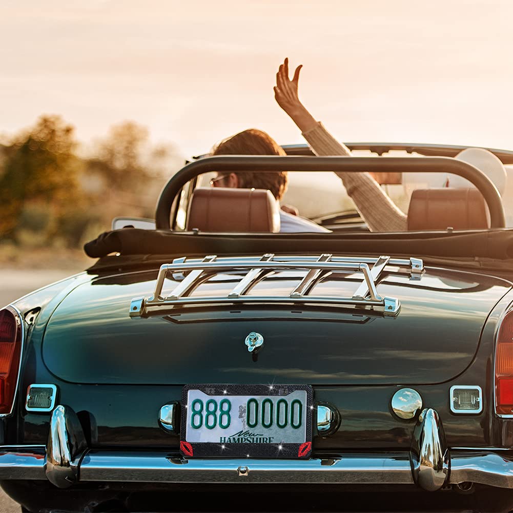 EING Car License Plate Frames Bling Crystal Diamonds Car Exterior Accessory for Women Girls,2pcs - Black + Hot Red Lip - Image 6