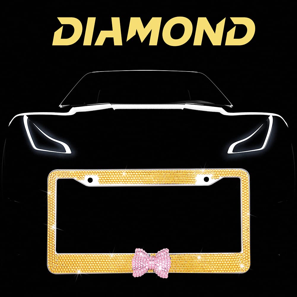 eing Car License Plate Frames Bling Crystal Diamonds Car Exterior Accessory for Women Girls,2pcs - Yellow + Pink Butterfly - Image 3