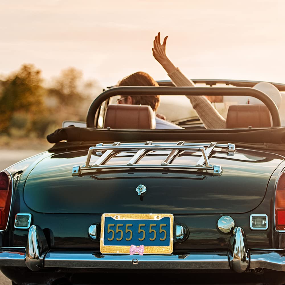 eing Car License Plate Frames Bling Crystal Diamonds Car Exterior Accessory for Women Girls,2pcs - Yellow + Pink Butterfly - Image 6