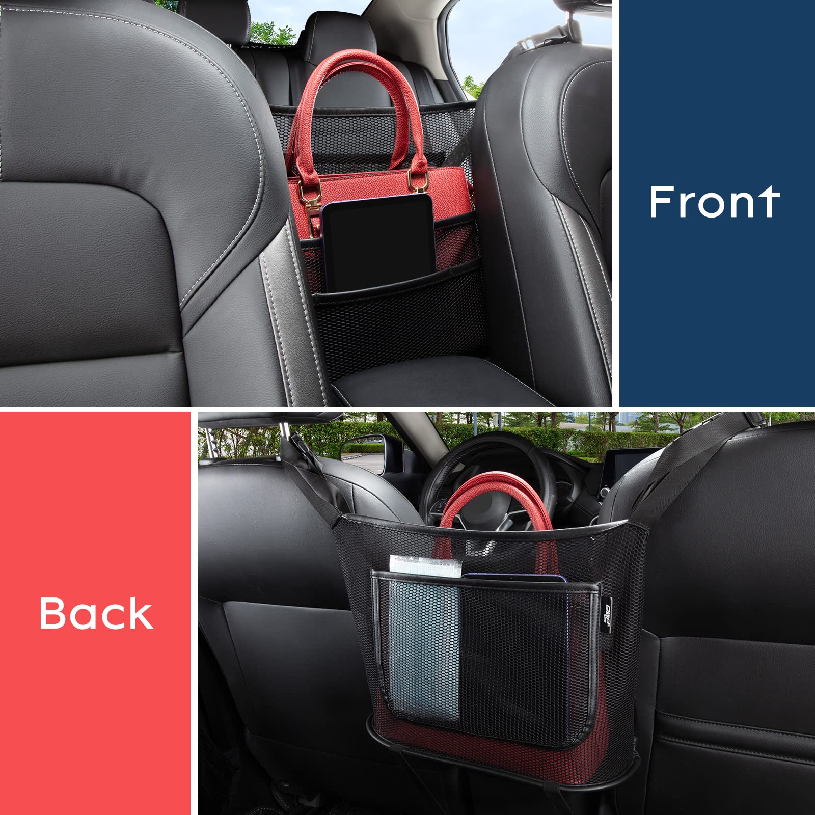 eing Car Organizers and Storage Mesh Bag, Purse Holder for Car, Car Net Pocket Handbag Holder, Automotive Consoles & Organizers, Car Back Seat Pets Kids Barrier, Car Handbag Holder for Women, Black - Image 4