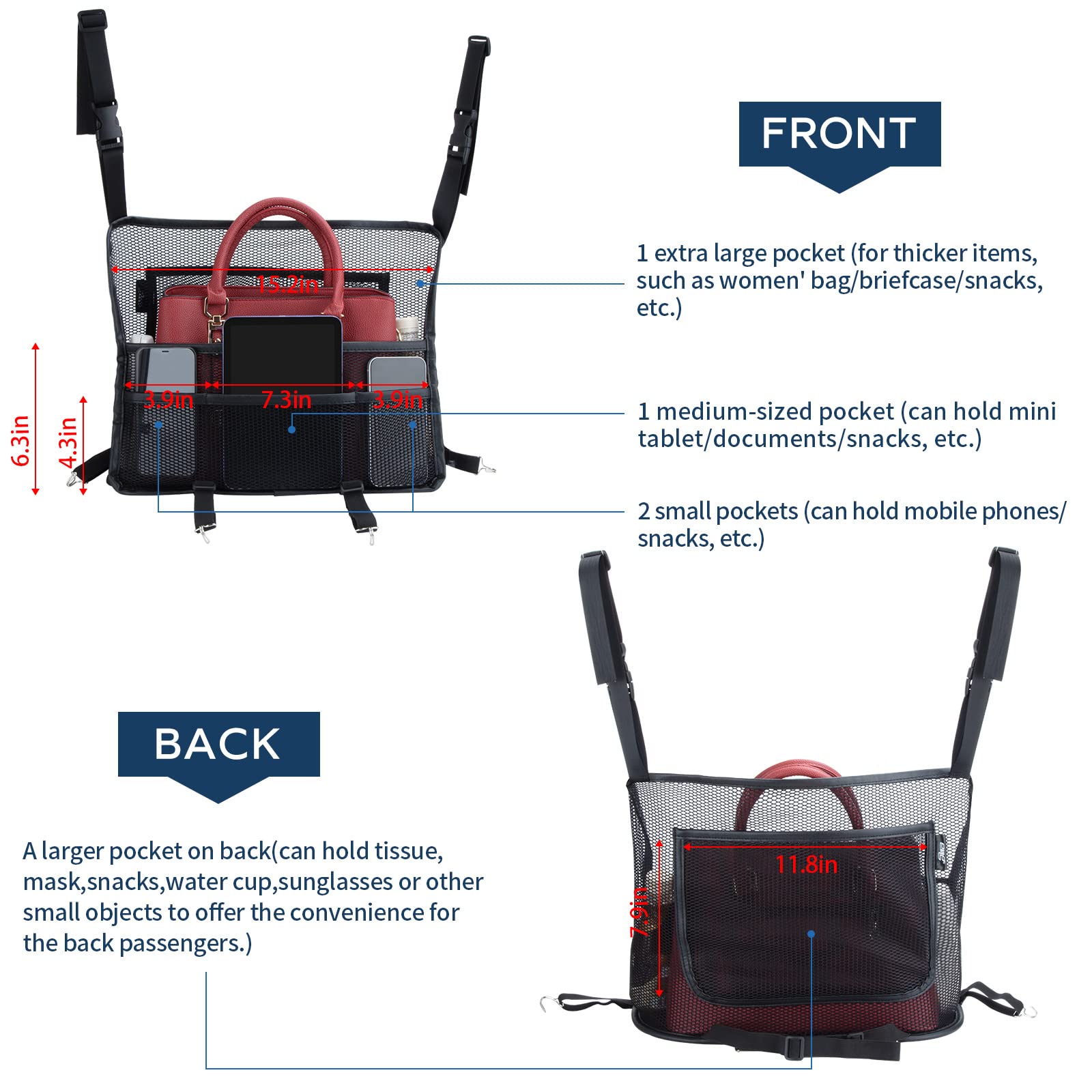 eing Car Organizers and Storage Mesh Bag, Purse Holder for Car, Car Net Pocket Handbag Holder, Automotive Consoles & Organizers, Car Back Seat Pets Kids Barrier, Car Handbag Holder for Women, Black - Image 6