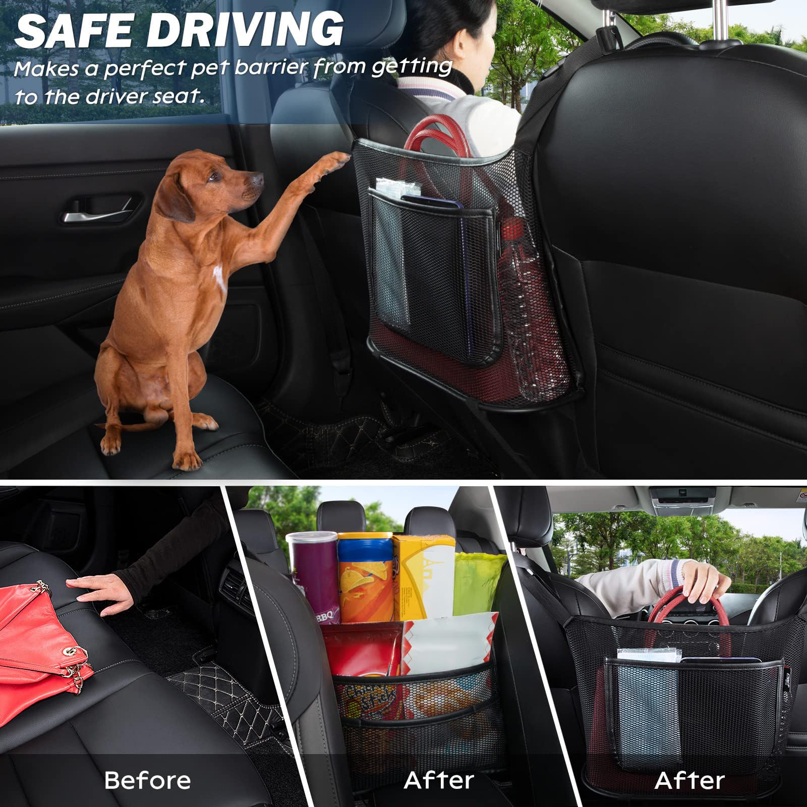 eing Car Organizers and Storage Mesh Bag, Purse Holder for Car, Car Net Pocket Handbag Holder, Automotive Consoles & Organizers, Car Back Seat Pets Kids Barrier, Car Handbag Holder for Women, Black - Image 8