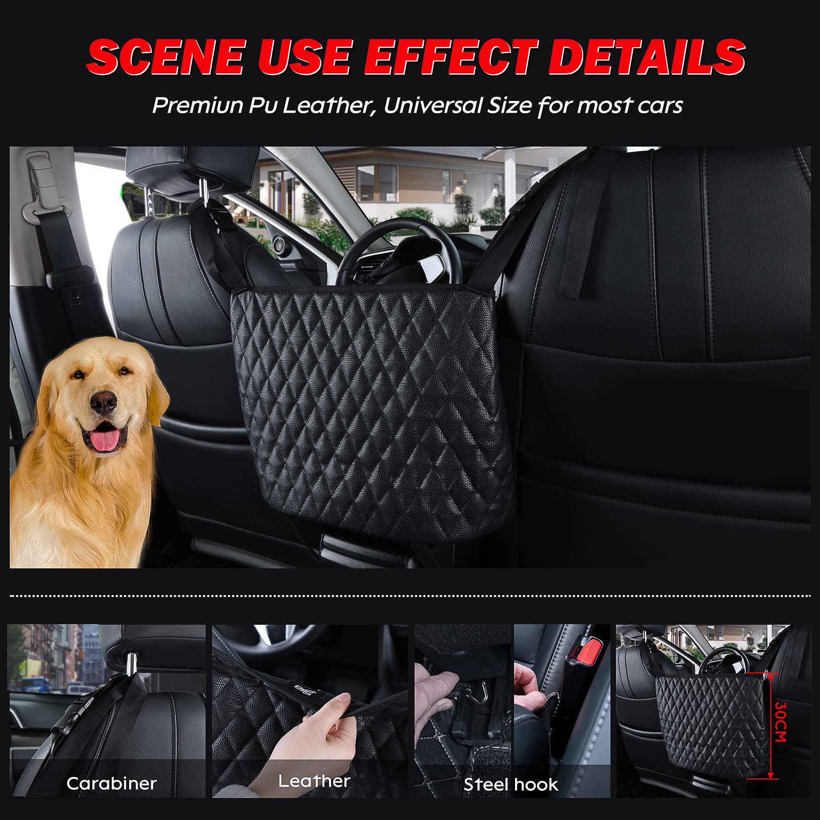 eing Car Organizers And Storage Purse Holder, Large Capacity Car Net Pocket Handbag Holder, Automotive Consoles & Backseat Organizer, Leather Back Seat Bag Between Car Front Seats, Black - Image 4