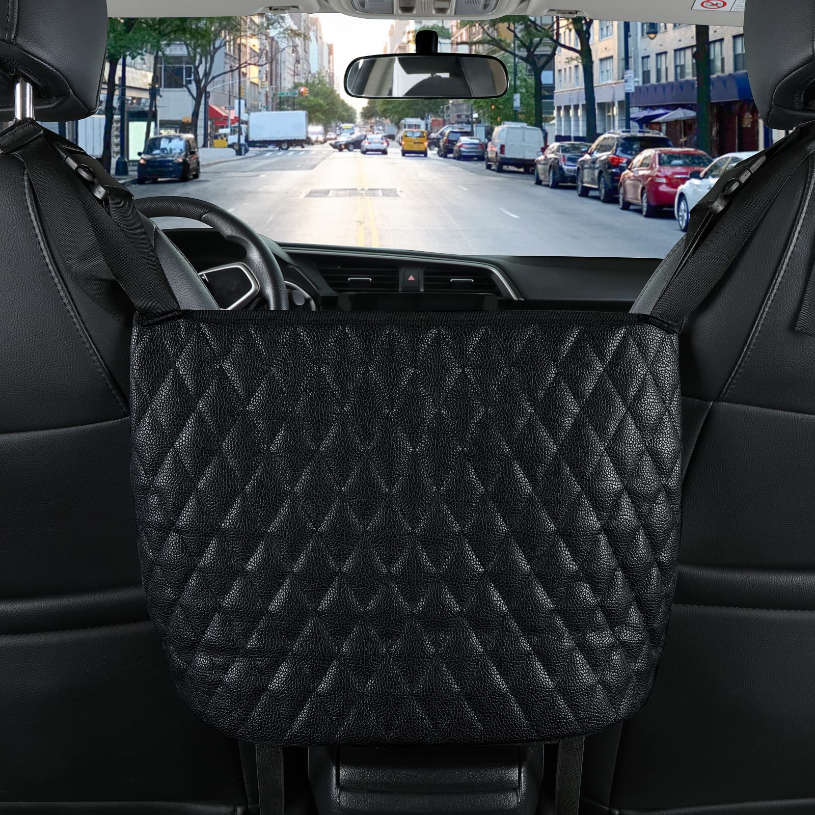 eing Car Organizers And Storage Purse Holder, Large Capacity Car Net Pocket Handbag Holder, Automotive Consoles & Backseat Organizer, Leather Back Seat Bag Between Car Front Seats, Black - Image 5