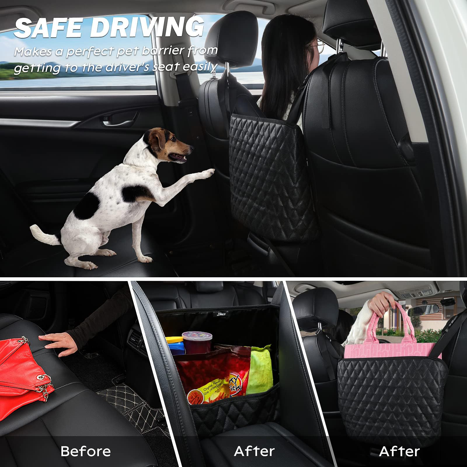 eing Car Organizers And Storage Purse Holder, Large Capacity Car Net Pocket Handbag Holder, Automotive Consoles & Backseat Organizer, Leather Back Seat Bag Between Car Front Seats, Black - Image 6