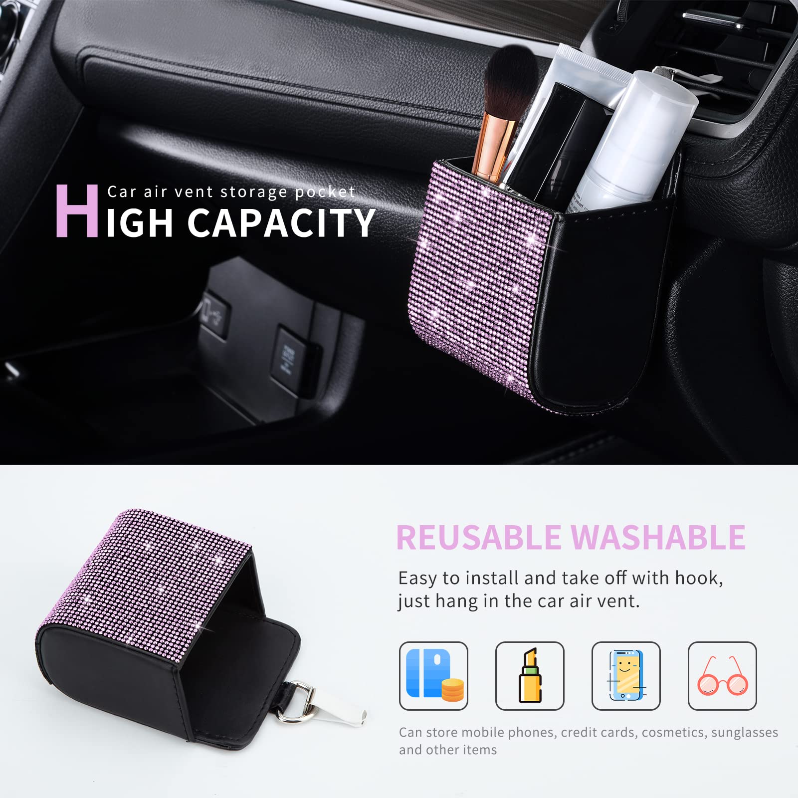 eing Car Seat Back Interior Air Vent Cell Phone Holder Pouch Bag Box Tidy Storage Coin Bag Case Organizer with Hook,Bling Car Accessories for Girl and Women,Square - Pink - Image 3