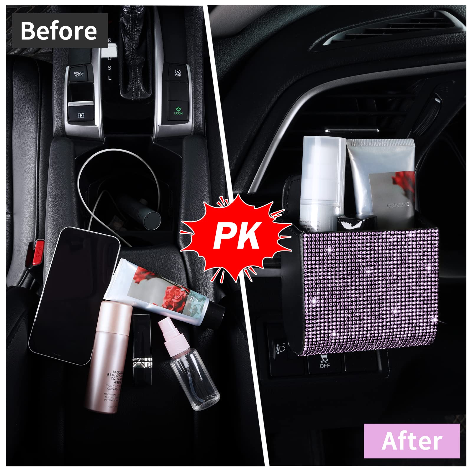 eing Car Seat Back Interior Air Vent Cell Phone Holder Pouch Bag Box Tidy Storage Coin Bag Case Organizer with Hook,Bling Car Accessories for Girl and Women,Square - Pink - Image 4