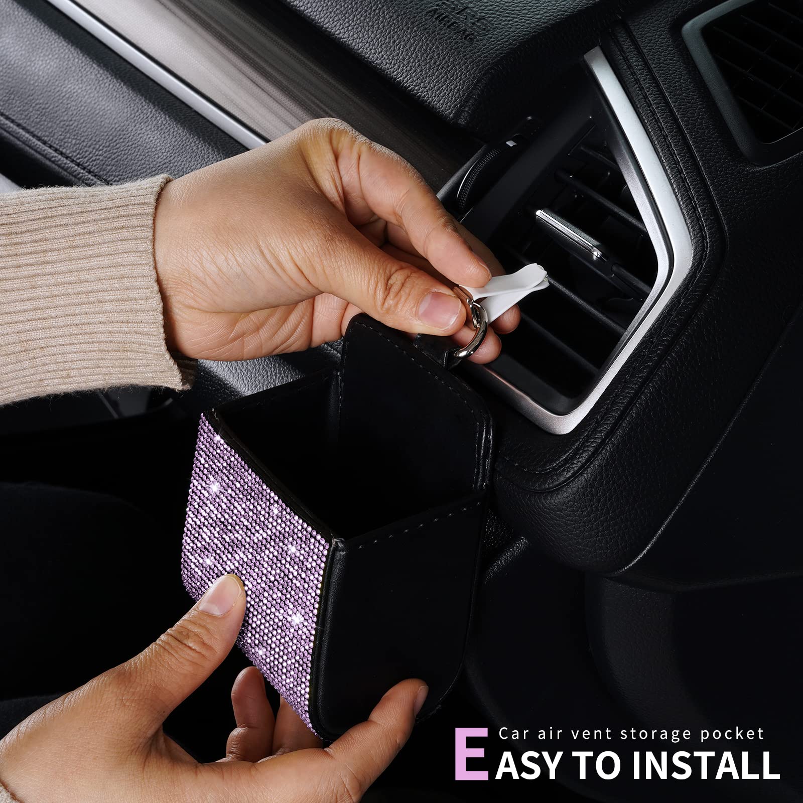 eing Car Seat Back Interior Air Vent Cell Phone Holder Pouch Bag Box Tidy Storage Coin Bag Case Organizer with Hook,Bling Car Accessories for Girl and Women,Square - Pink - Image 5