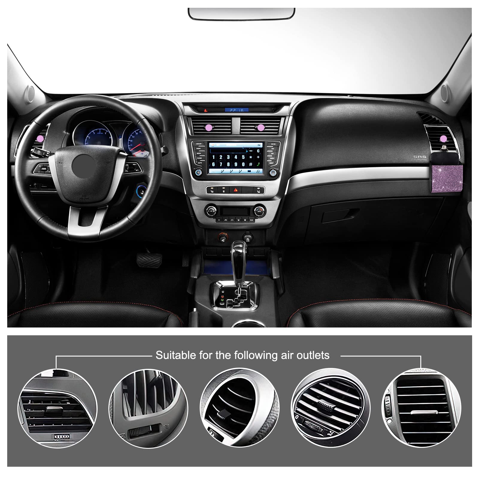 eing Car Seat Back Interior Air Vent Cell Phone Holder Pouch Bag Box Tidy Storage Coin Bag Case Organizer with Hook,Bling Car Accessories for Girl and Women,Square - Pink - Image 6