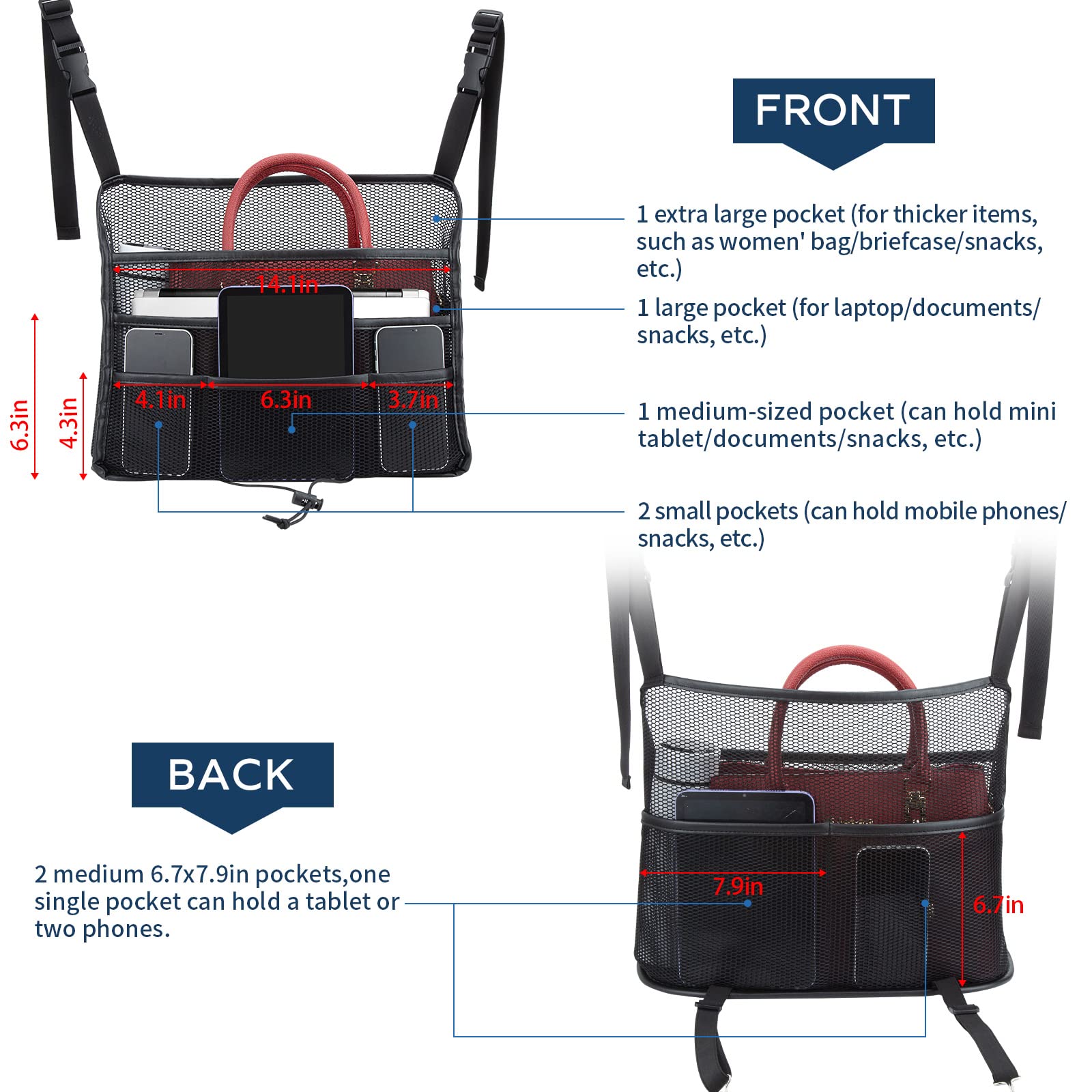 Eing Car Seat Back Organizer - Large Capacity Storage for Purses, Handbags & Kids' Items - Black - Image 6