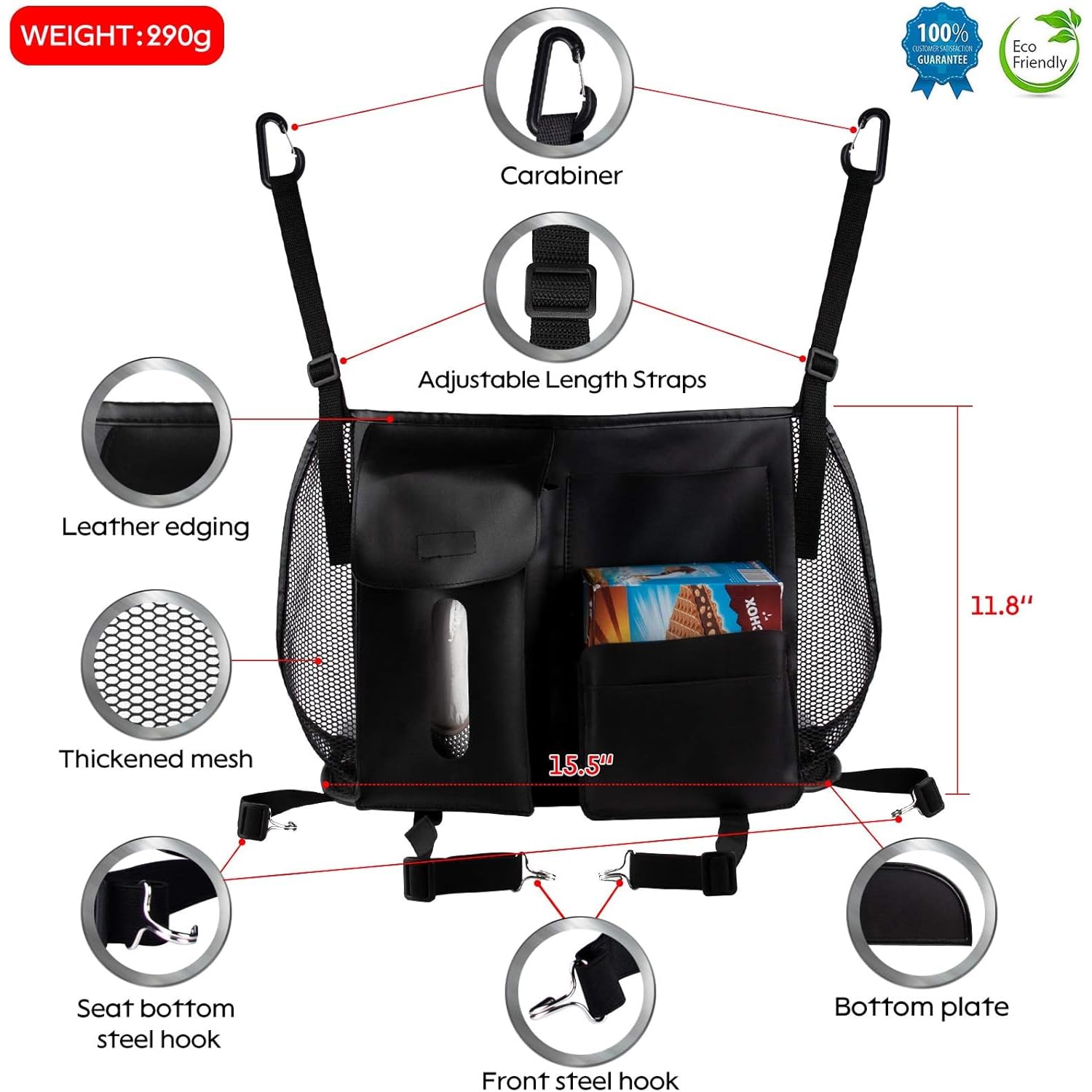 eing Car Storage Organizer, Back Seat Mesh Purse Holder, Car Net Pocket Handbag for Pets Kids Women, Automotive Consoles Purse Holder, Pu Leather Black - Image 3