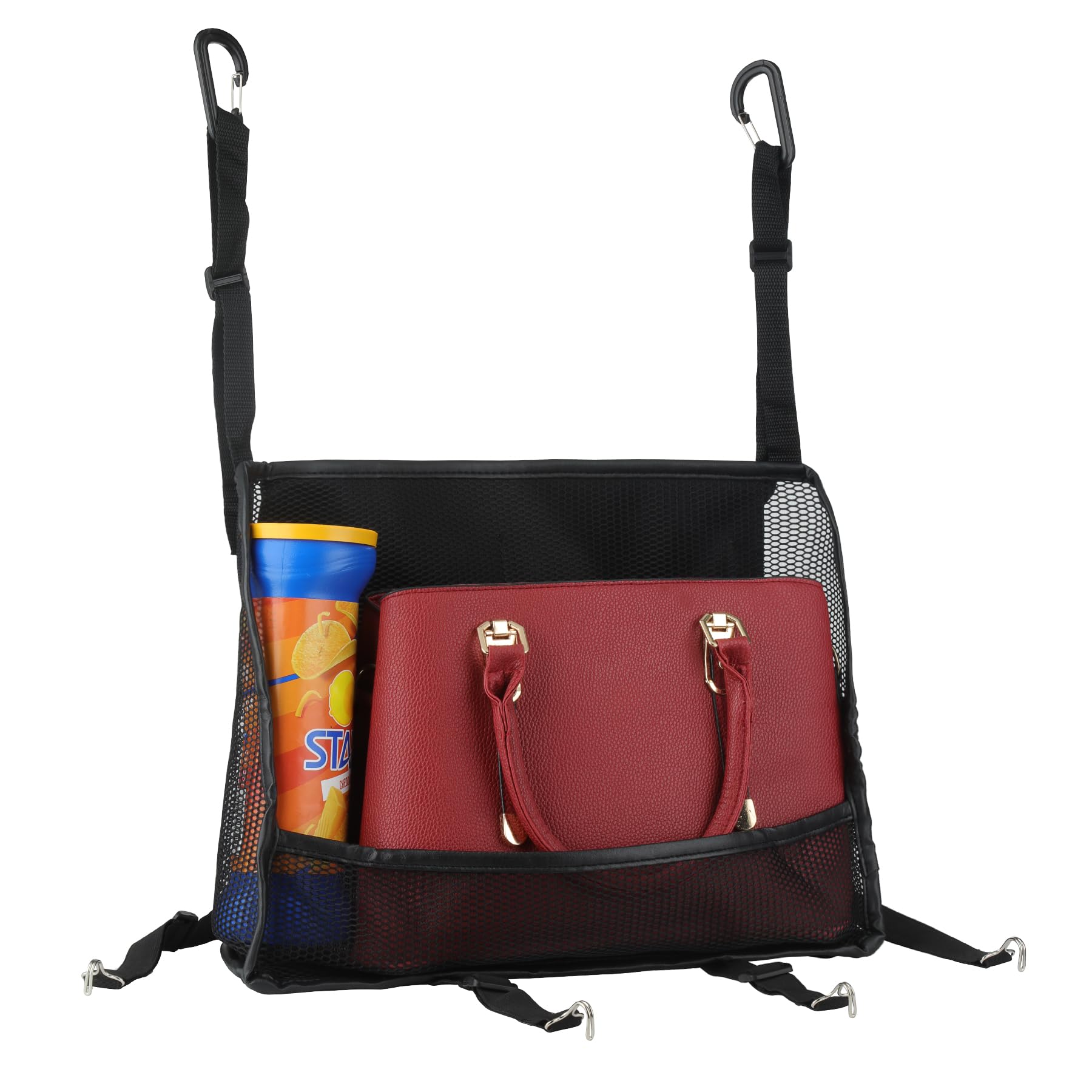 eing Car Storage Organizer, Back Seat Mesh Purse Holder, Car Net Pocket Handbag for Pets Kids Women, Automotive Consoles Purse Holder, Pu Leather Black - Image 4