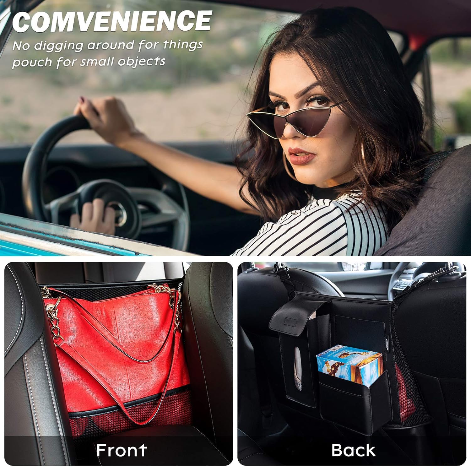 eing Car Storage Organizer, Back Seat Mesh Purse Holder, Car Net Pocket Handbag for Pets Kids Women, Automotive Consoles Purse Holder, Pu Leather Black - Image 5