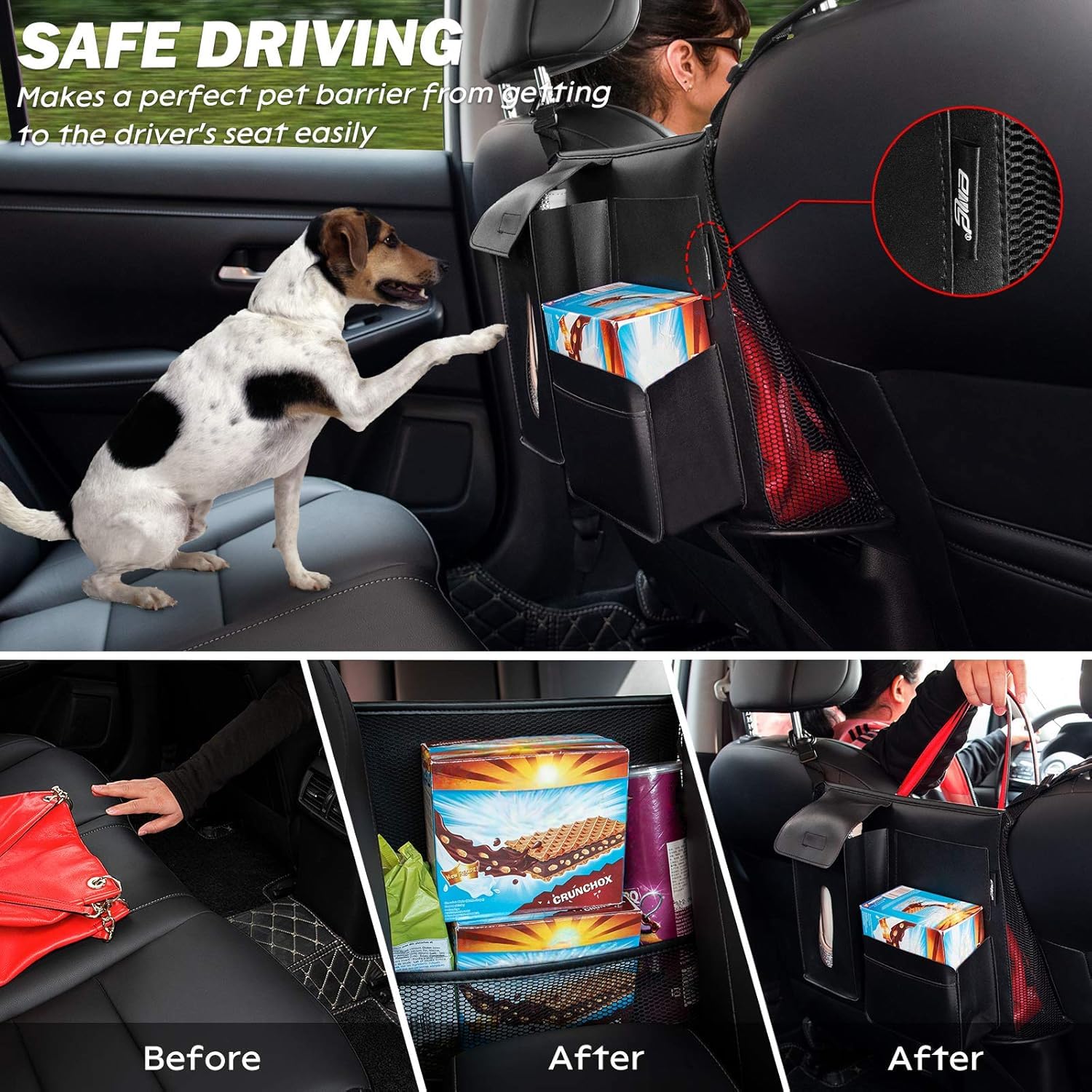 eing Car Storage Organizer, Back Seat Mesh Purse Holder, Car Net Pocket Handbag for Pets Kids Women, Automotive Consoles Purse Holder, Pu Leather Black - Image 6