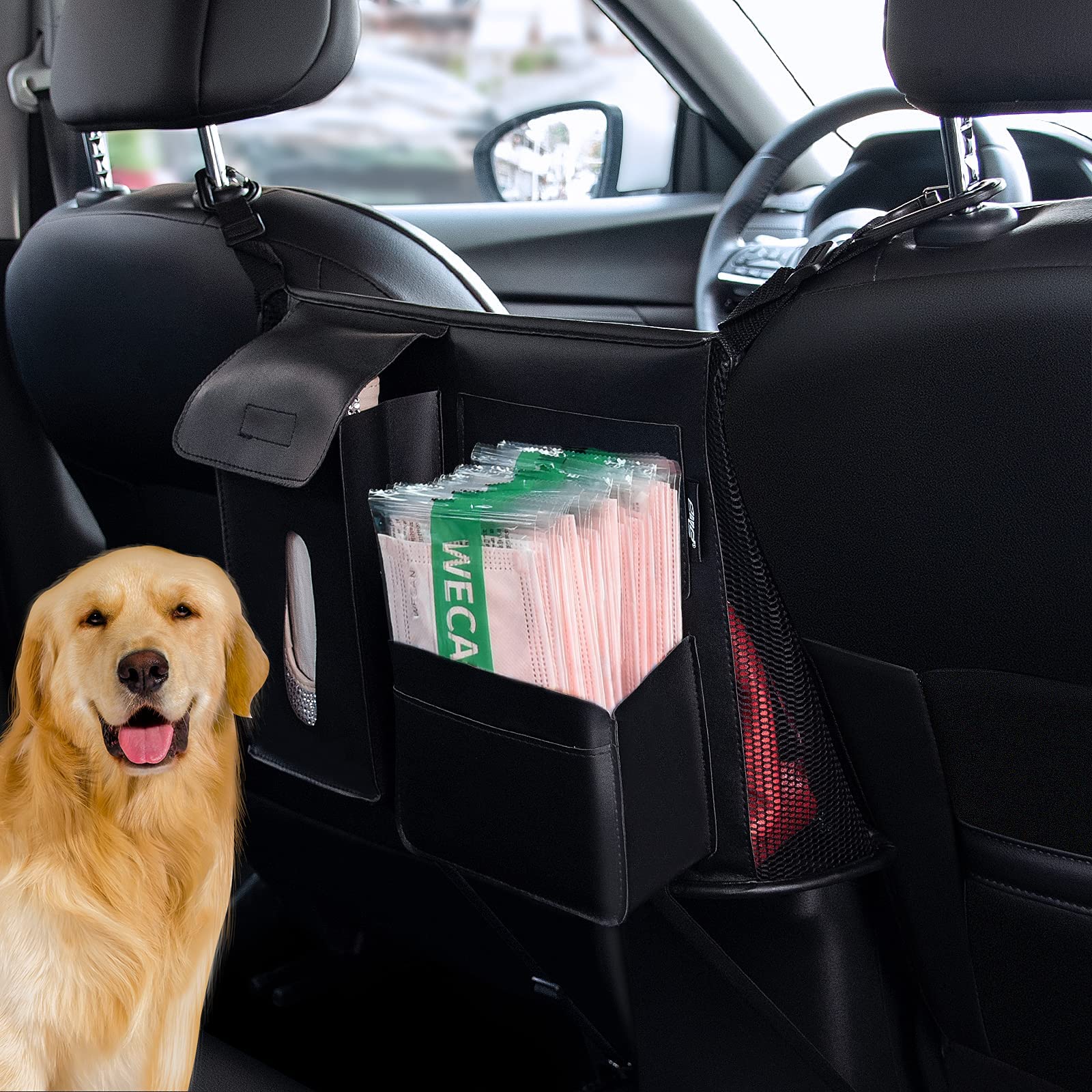 eing Car Storage Organizer, Back Seat Mesh Purse Holder, Car Net Pocket Handbag for Pets Kids Women, Automotive Consoles Purse Holder, Pu Leather Black - Image 8