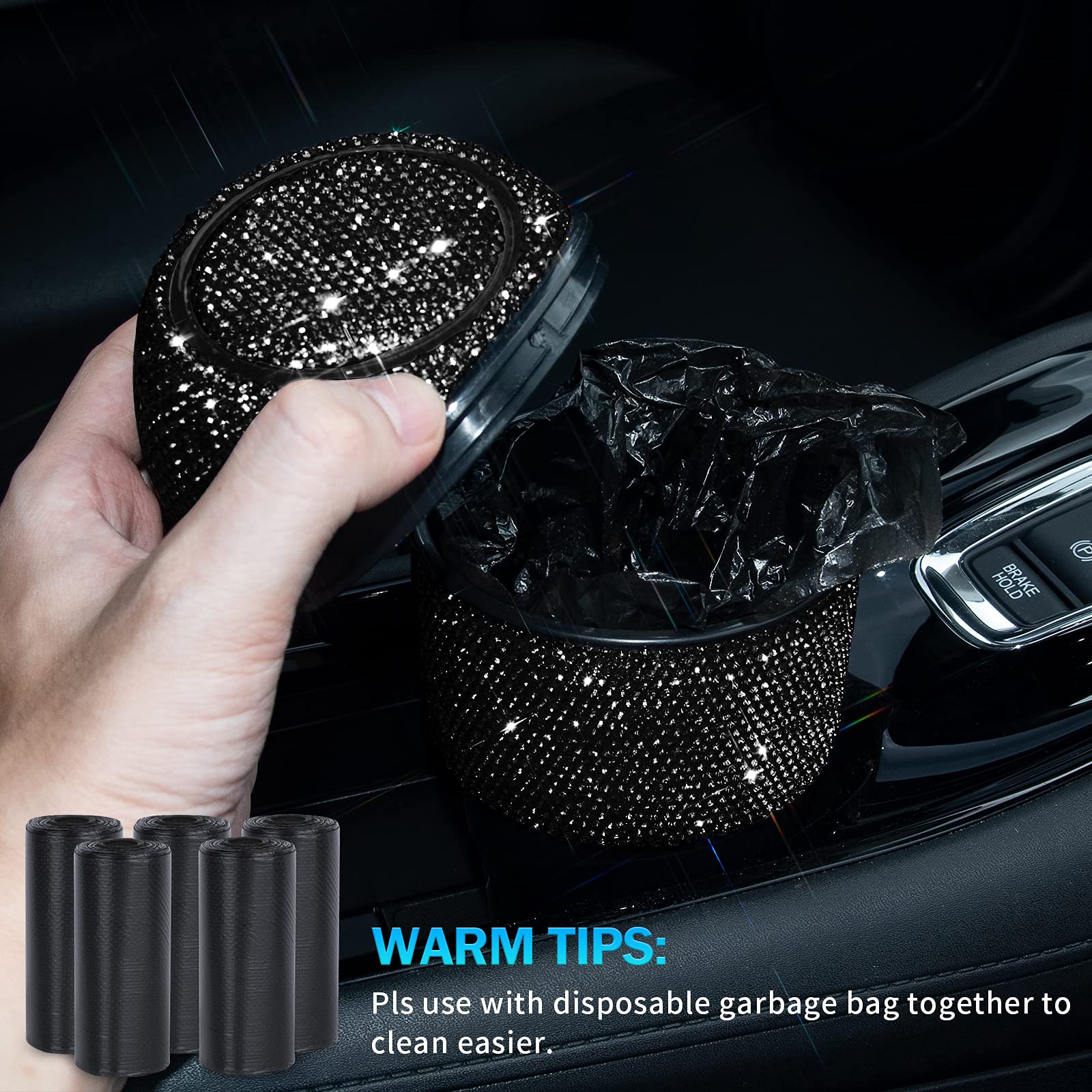 eing Car Trash Can Bling Crystal Auto Mini Trash Bin for Car Office Home Women,Car Cup Holder Garbage Can with Lid and 5 Pack Disposable Garbage Gag, Black - Image 4