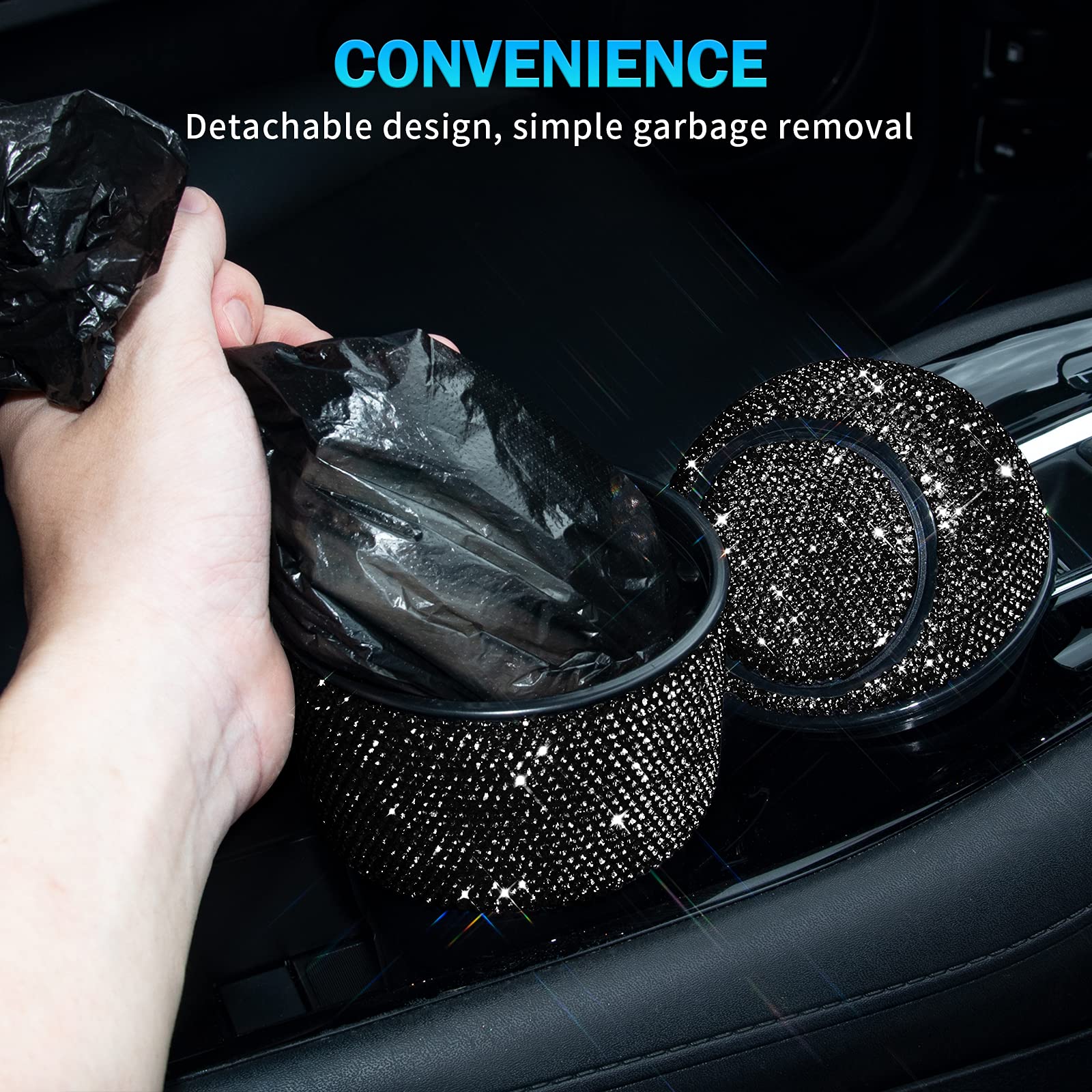 eing Car Trash Can Bling Crystal Auto Mini Trash Bin for Car Office Home Women,Car Cup Holder Garbage Can with Lid and 5 Pack Disposable Garbage Gag, Black - Image 5