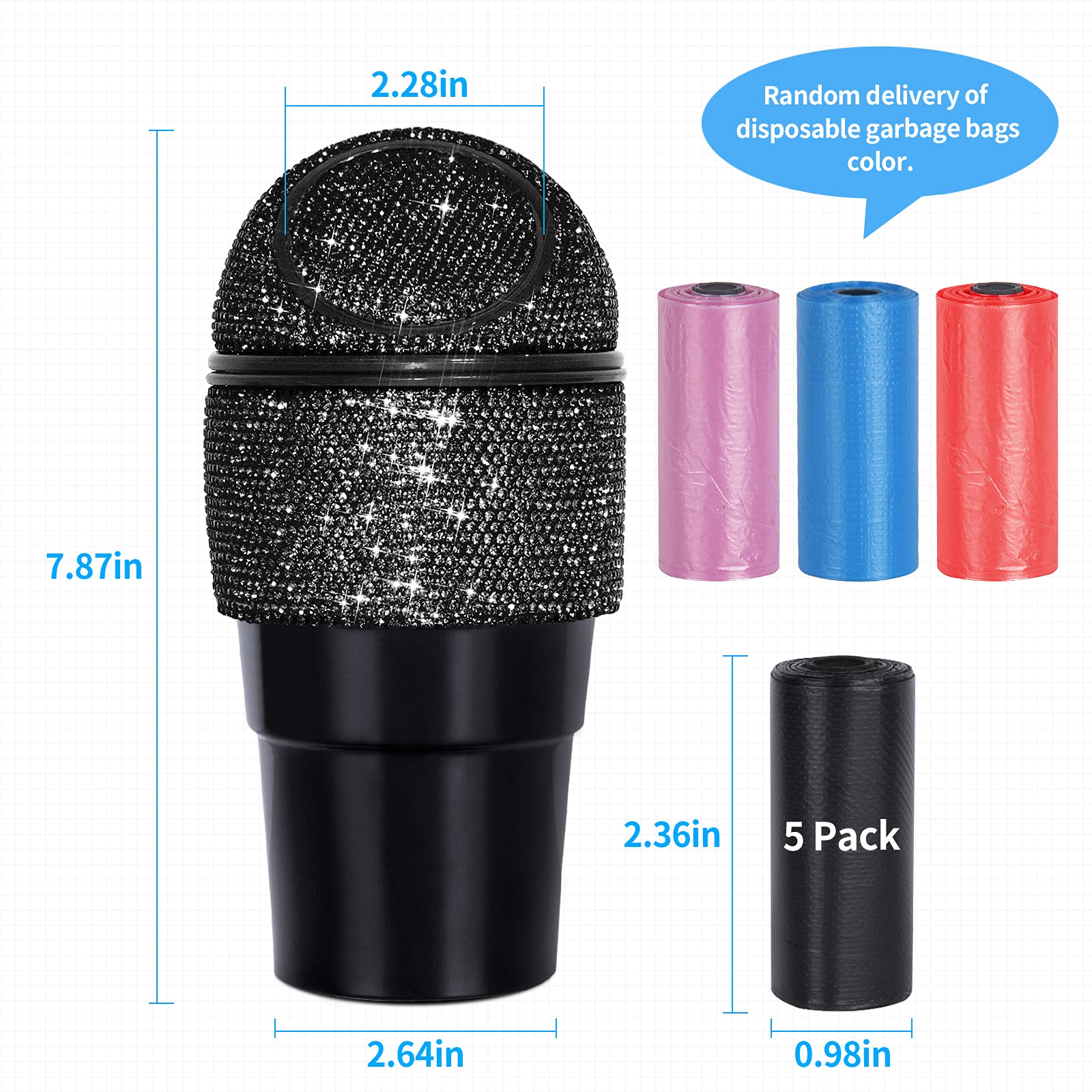 eing Car Trash Can Bling Crystal Auto Mini Trash Bin for Car Office Home Women,Car Cup Holder Garbage Can with Lid and 5 Pack Disposable Garbage Gag, Black - Image 6