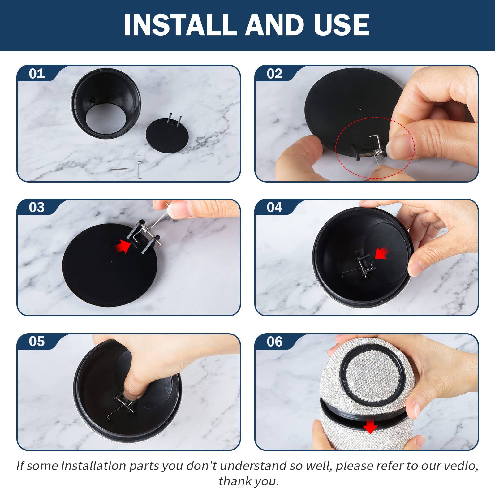 eing Car Trash Can Bling Crystal Auto Mini Trash Bin for Car Office Home Women,Car Cup Holder Garbage Can with Lid and 5 Pack Disposable Garbage Gag, Black - Image 7