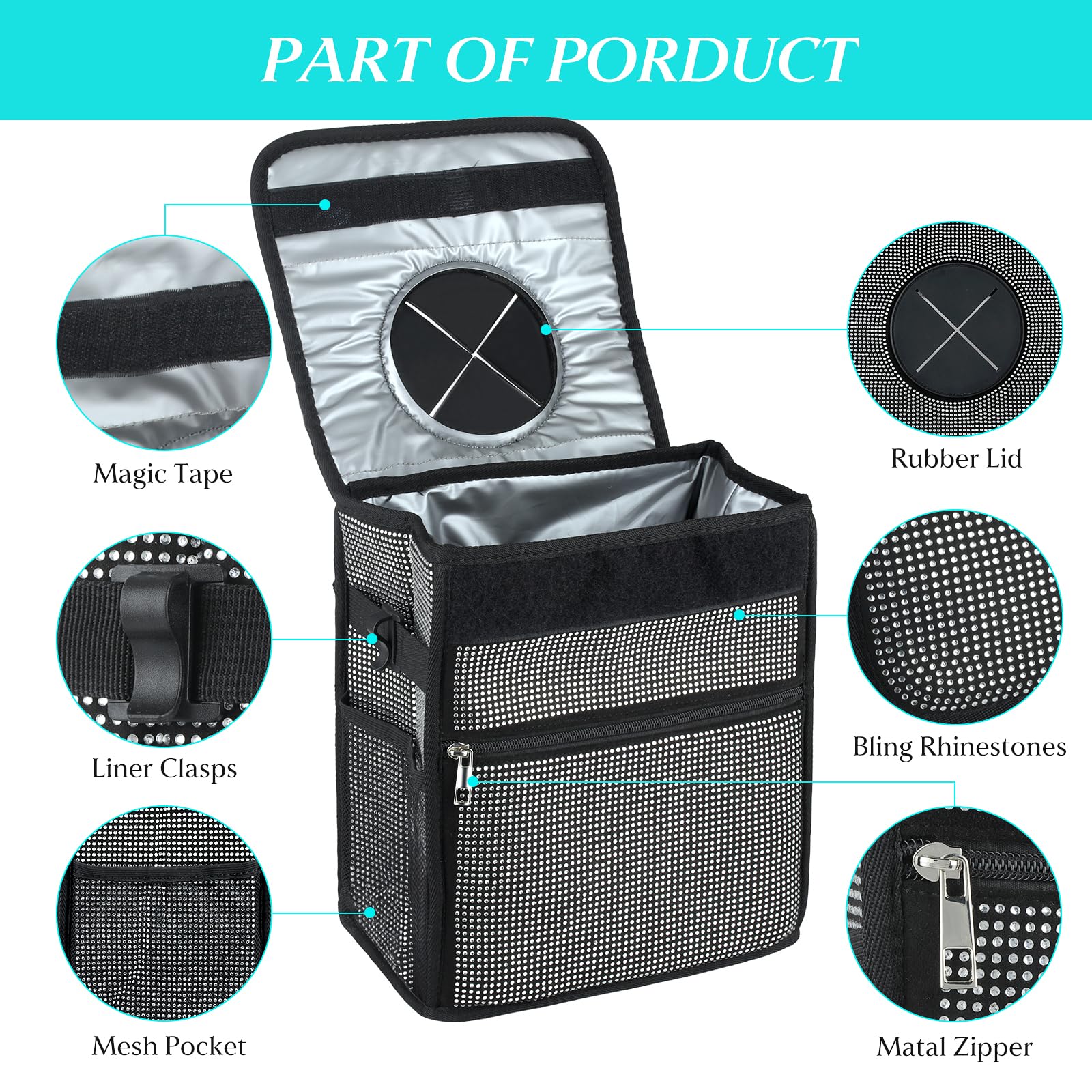 eing Car Trash Can with Lid and Chain, Storage Pockets Bling Crystal Car Interior Waterproof Automotive Garbage Cans Bling Cute Car Accessories for Men Women Teens,White - Image 3