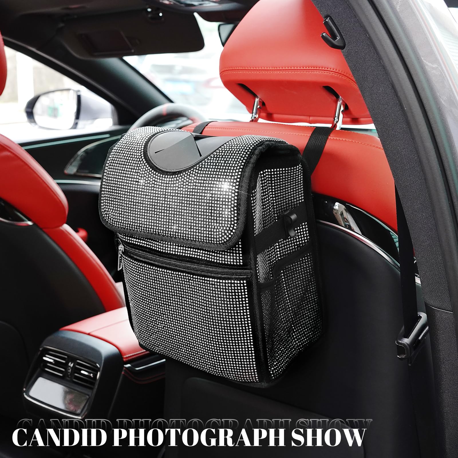 eing Car Trash Can with Lid and Chain, Storage Pockets Bling Crystal Car Interior Waterproof Automotive Garbage Cans Bling Cute Car Accessories for Men Women Teens,White - Image 4