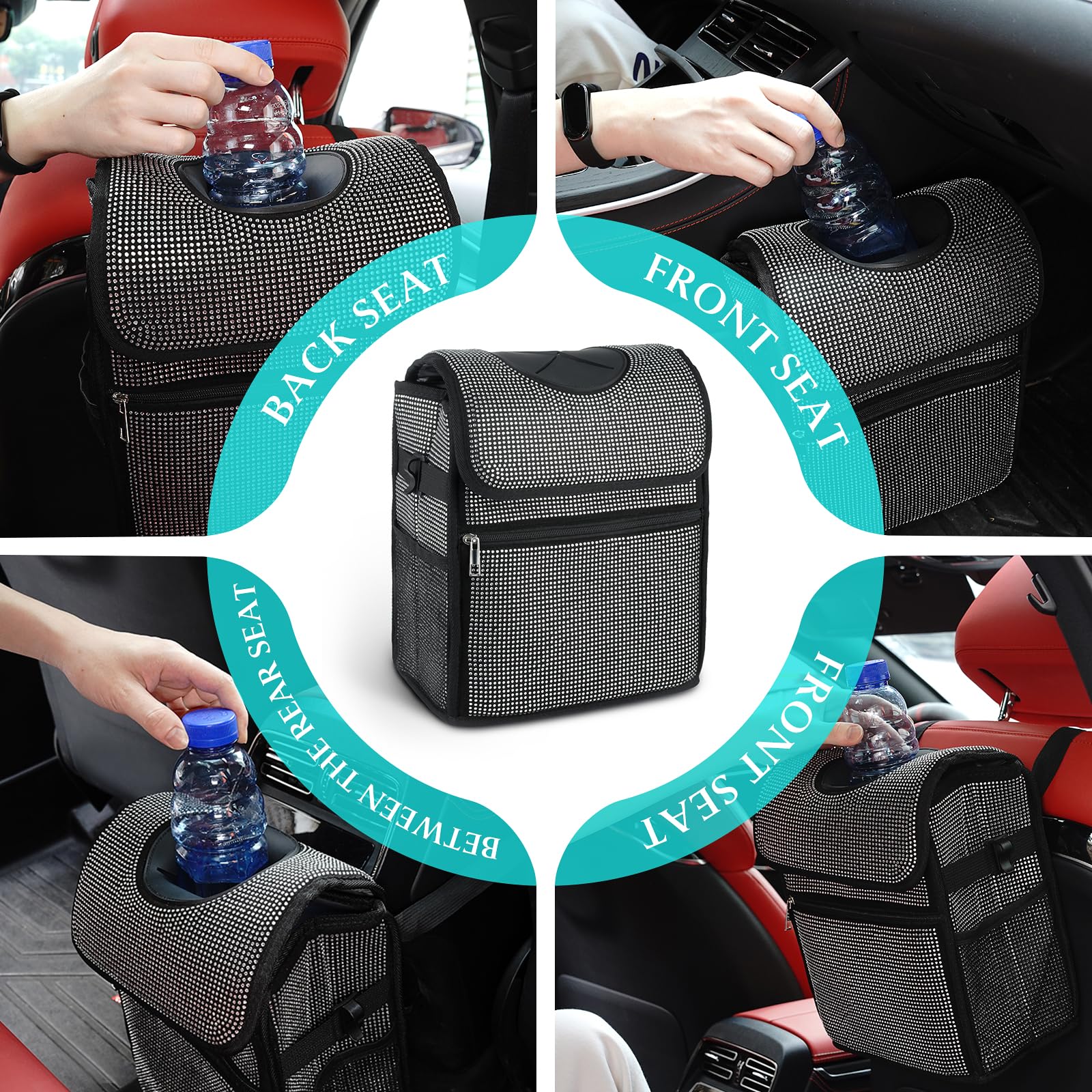 eing Car Trash Can with Lid and Chain, Storage Pockets Bling Crystal Car Interior Waterproof Automotive Garbage Cans Bling Cute Car Accessories for Men Women Teens,White - Image 6