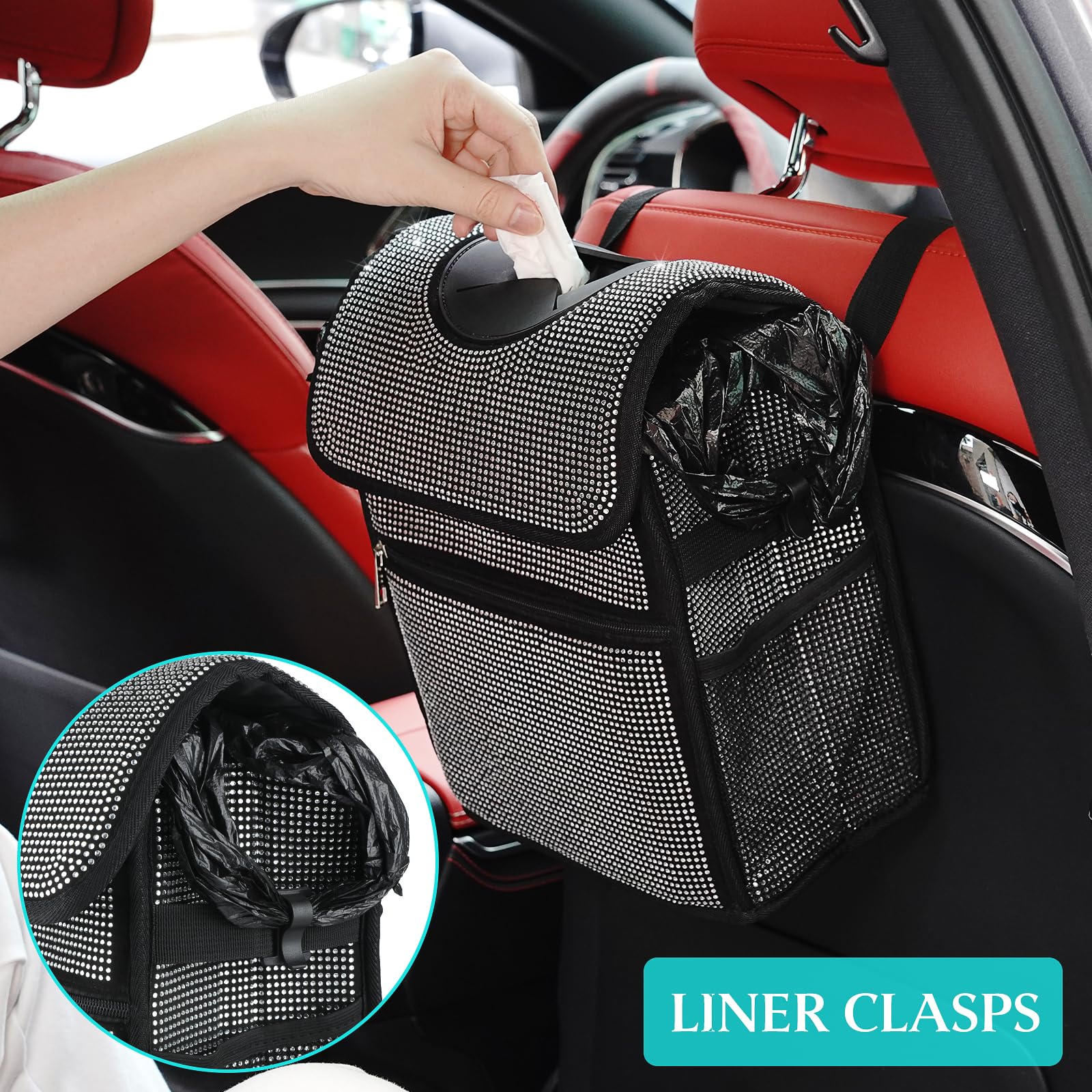 eing Car Trash Can with Lid and Chain, Storage Pockets Bling Crystal Car Interior Waterproof Automotive Garbage Cans Bling Cute Car Accessories for Men Women Teens,White - Image 7