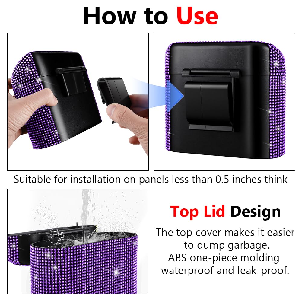 eing Car Trash Can with Lid, Mini Vehicle Trash Bin Car Dustbin Garbage Organizer,Bling Crystal Automotive Garbage Can Bin Trash Container for Auto Cars, Home, Office,Purple - Image 3