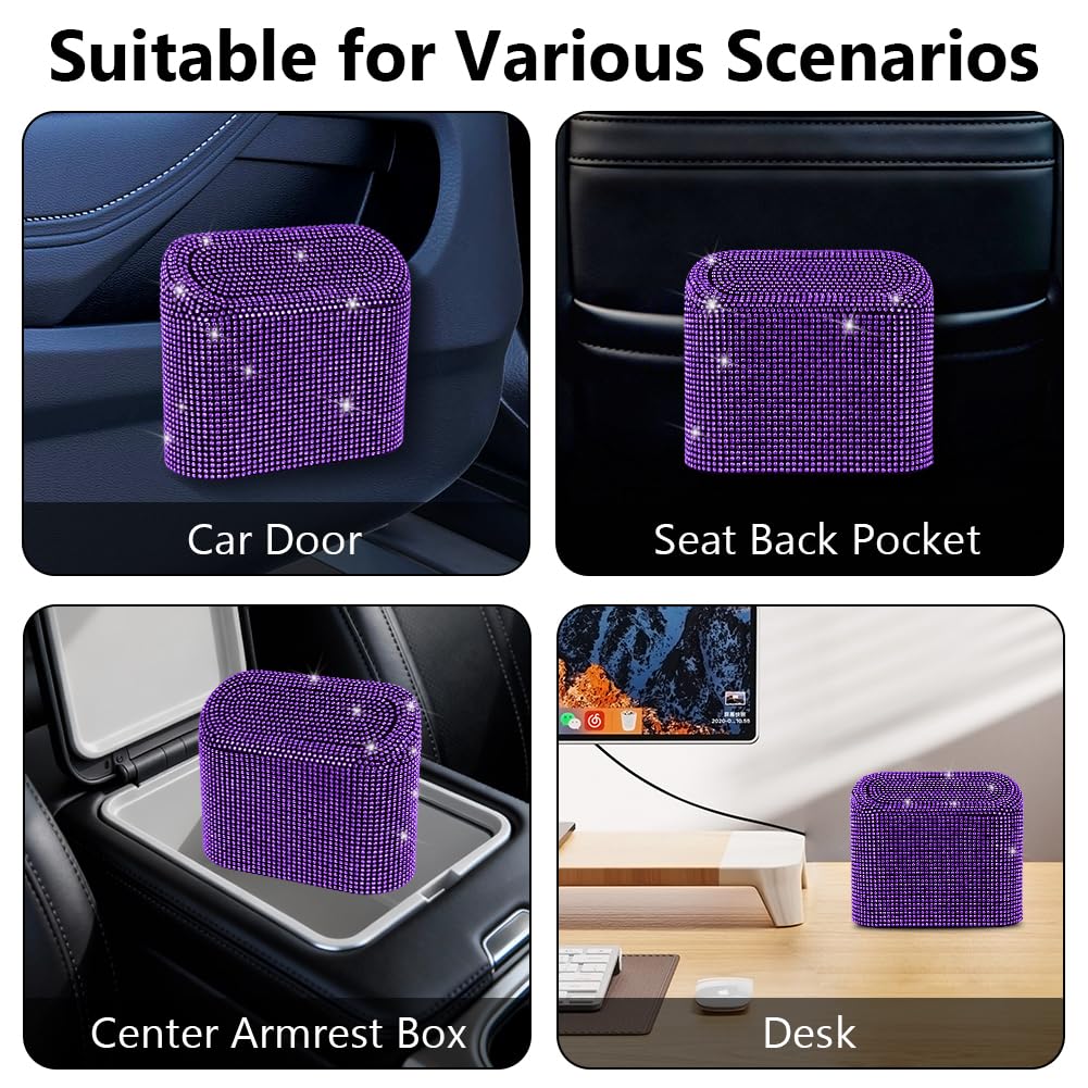 eing Car Trash Can with Lid, Mini Vehicle Trash Bin Car Dustbin Garbage Organizer,Bling Crystal Automotive Garbage Can Bin Trash Container for Auto Cars, Home, Office,Purple - Image 4