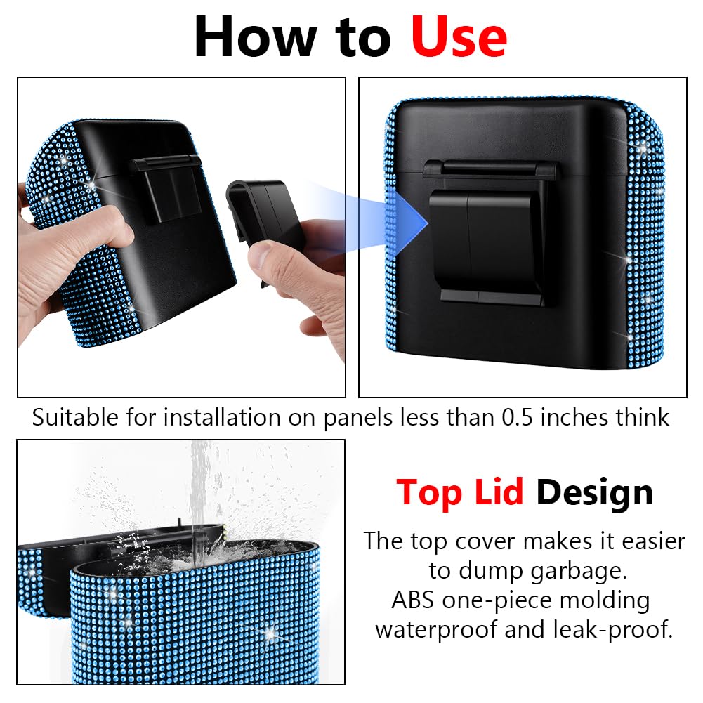 eing Car Trash Can with Lid, Mini Vehicle Trash Bin Car Dustbin Garbage Organizer,Bling Crystal Automotive Garbage Can Bin Trash Container for Auto Cars, Home, Office,Blue - Image 3