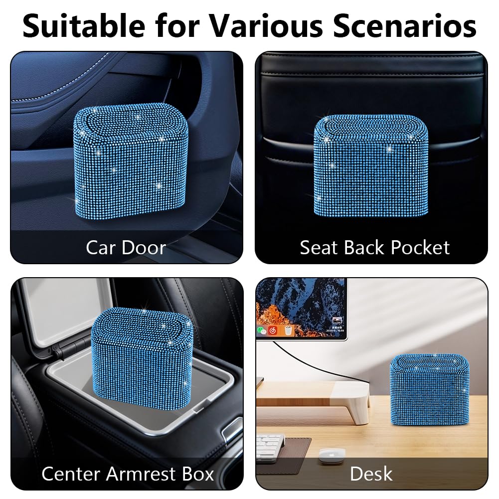 eing Car Trash Can with Lid, Mini Vehicle Trash Bin Car Dustbin Garbage Organizer,Bling Crystal Automotive Garbage Can Bin Trash Container for Auto Cars, Home, Office,Blue - Image 4