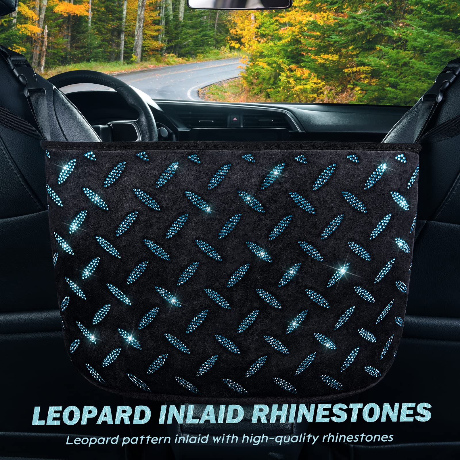 eing Crystal Car Organizers and Storage Purse Holder, Car Seat Back Net Handbag Accessories with Bling Diamonds for Women, Car Pet Barrier for Dogs and Kids,Blue - Image 3