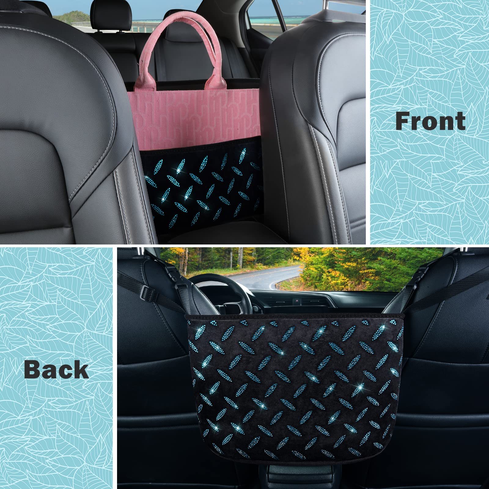 eing Crystal Car Organizers and Storage Purse Holder, Car Seat Back Net Handbag Accessories with Bling Diamonds for Women, Car Pet Barrier for Dogs and Kids,Blue - Image 4