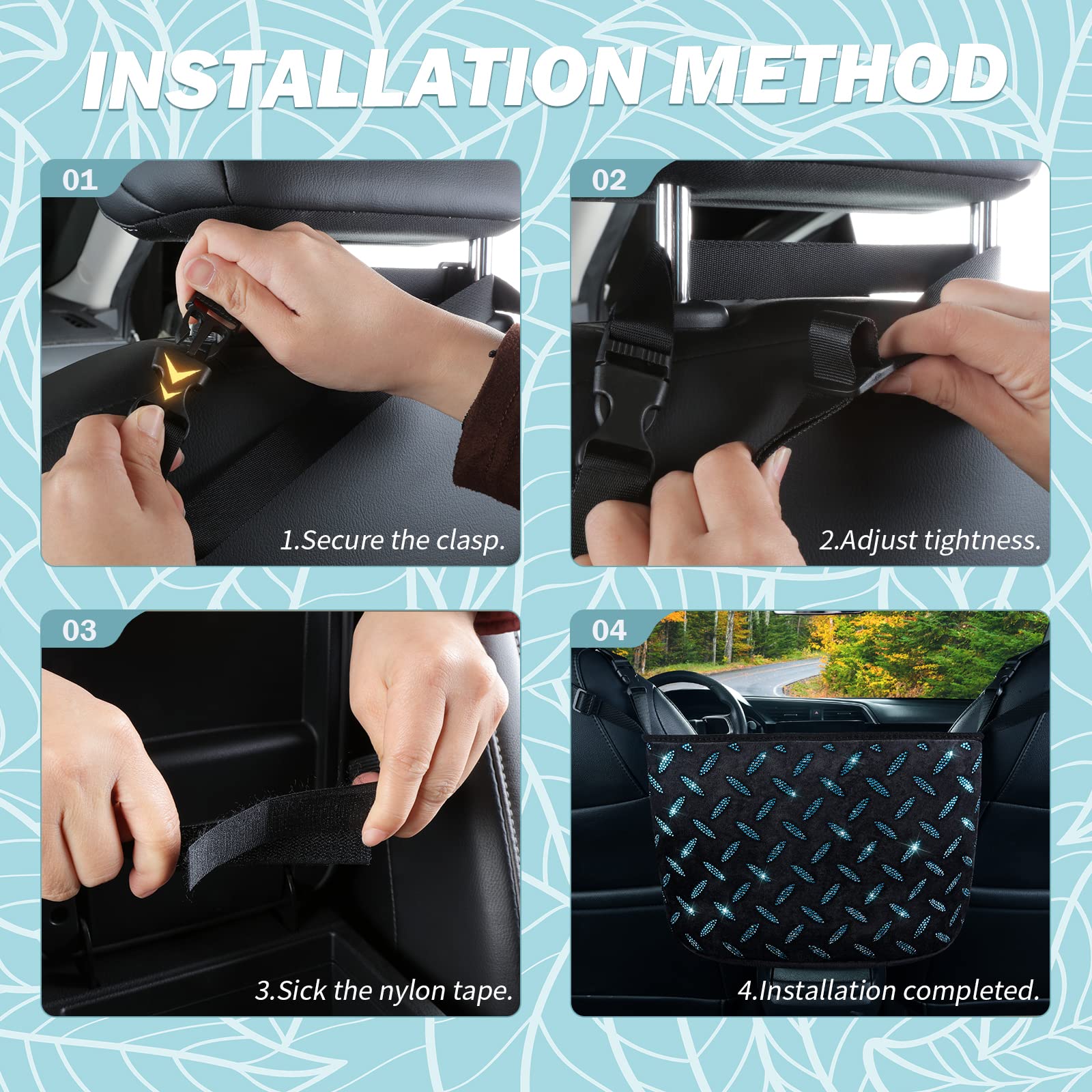 eing Crystal Car Organizers and Storage Purse Holder, Car Seat Back Net Handbag Accessories with Bling Diamonds for Women, Car Pet Barrier for Dogs and Kids,Blue - Image 5