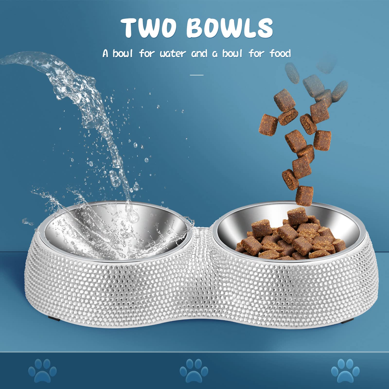 eing Dog Bowls Double Dog Water and Food Bowls Stainless Steel Bowls with Non-Slip Resin Station and Bling Rhinestones, Pet Feeder Bowls for Puppy Medium Dogs Cats Puppy Pets,White - Image 3