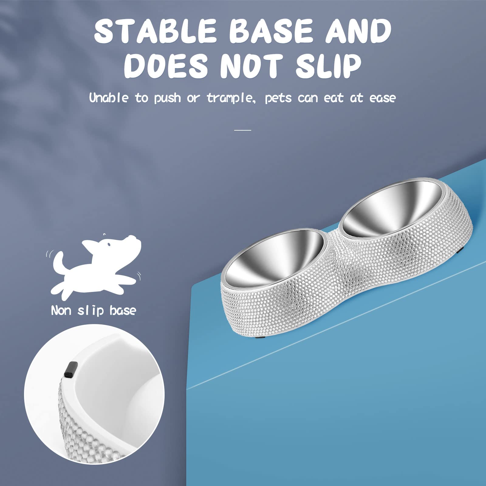 eing Dog Bowls Double Dog Water and Food Bowls Stainless Steel Bowls with Non-Slip Resin Station and Bling Rhinestones, Pet Feeder Bowls for Puppy Medium Dogs Cats Puppy Pets,White - Image 4