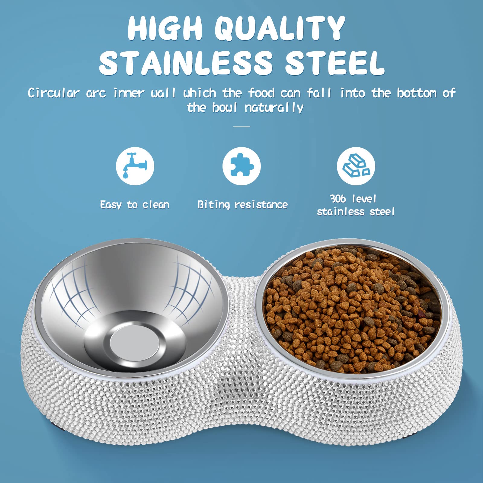 eing Dog Bowls Double Dog Water and Food Bowls Stainless Steel Bowls with Non-Slip Resin Station and Bling Rhinestones, Pet Feeder Bowls for Puppy Medium Dogs Cats Puppy Pets,White - Image 5