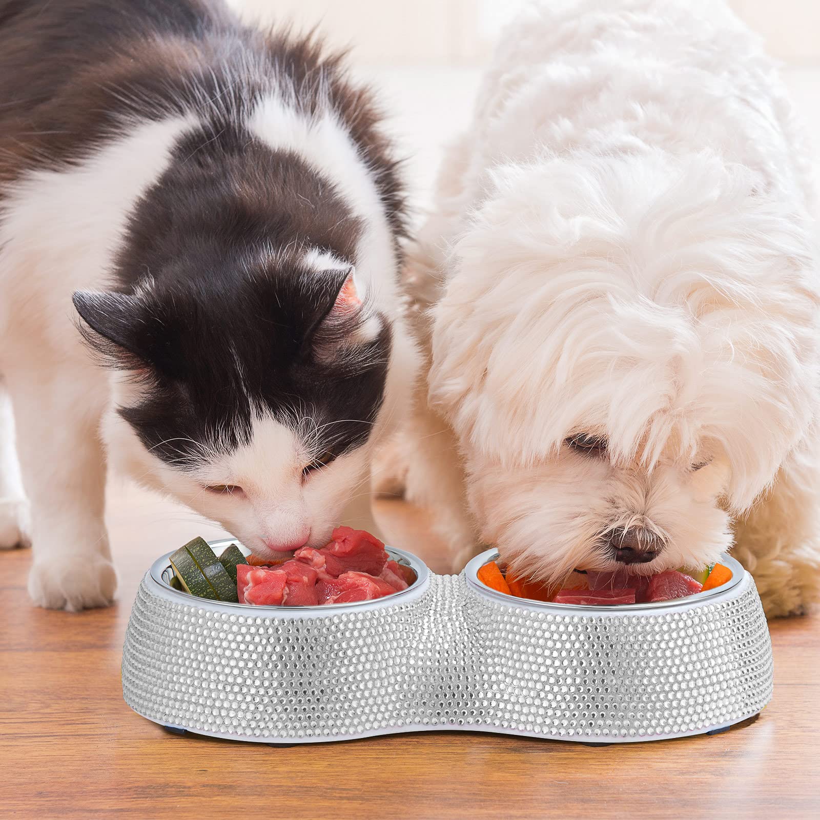 eing Dog Bowls Double Dog Water and Food Bowls Stainless Steel Bowls with Non-Slip Resin Station and Bling Rhinestones, Pet Feeder Bowls for Puppy Medium Dogs Cats Puppy Pets,White - Image 6