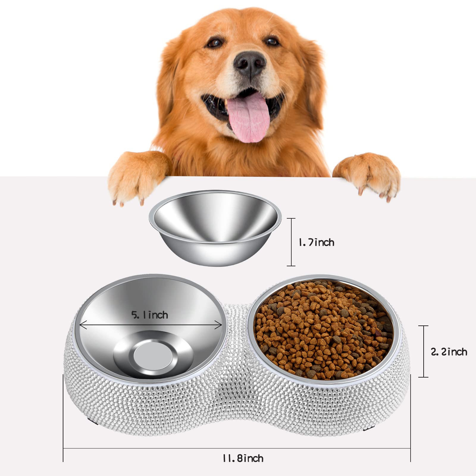 eing Dog Bowls Double Dog Water and Food Bowls Stainless Steel Bowls with Non-Slip Resin Station and Bling Rhinestones, Pet Feeder Bowls for Puppy Medium Dogs Cats Puppy Pets,White - Image 7