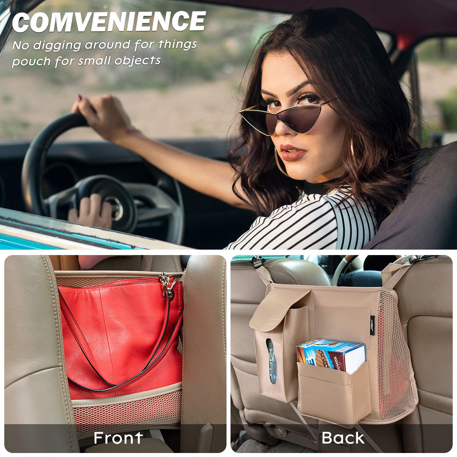 eing Pocket Handbag Holder Purse Hook for Car Pu Leather Seat Back Organizer Barrier for Pet Kids, Between Two Seats, Beige - Image 3