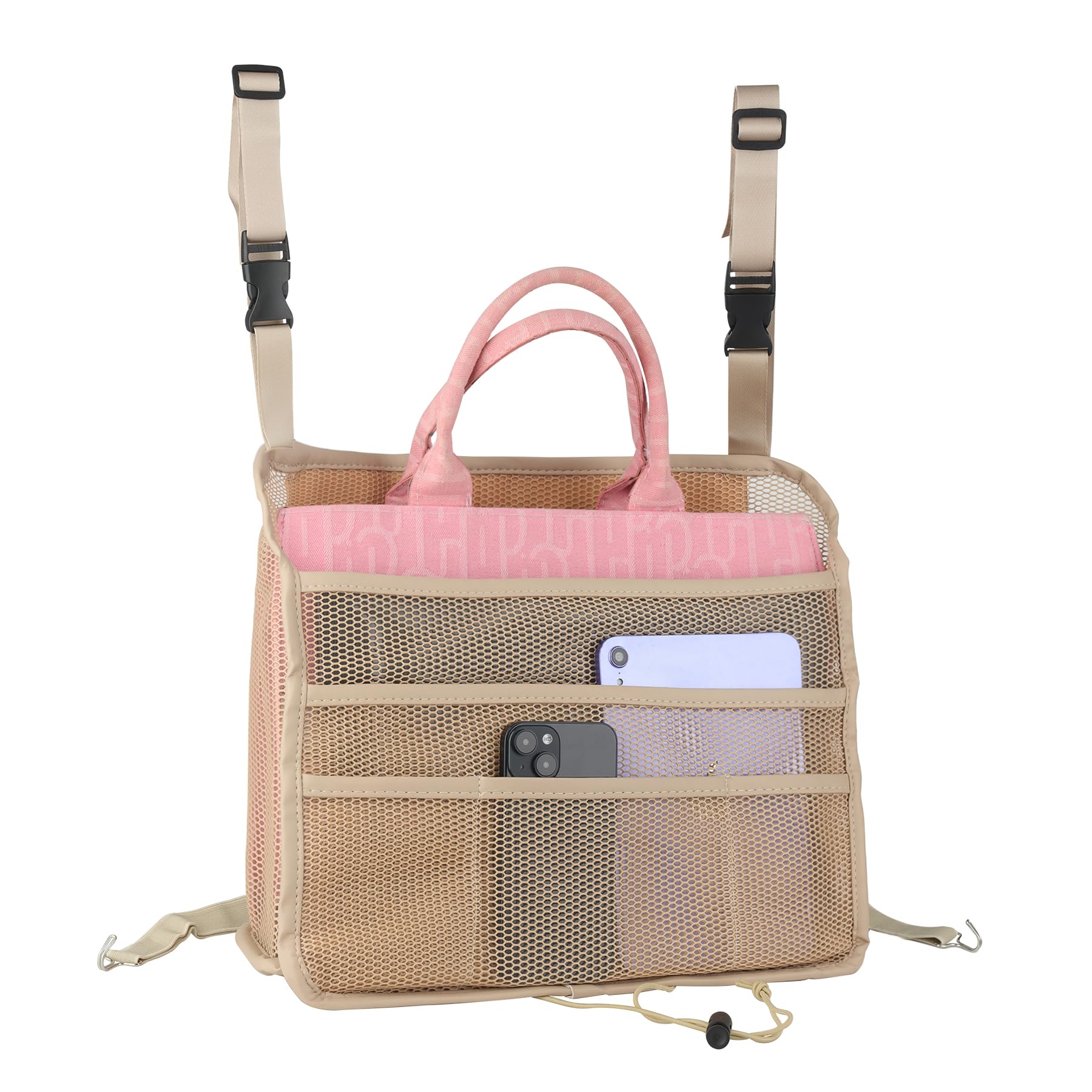 eing Pocket Handbag Holder Purse Hook for Car Pu Leather Seat Back Organizer Barrier for Pet Kids, Between Two Seats, Beige - Image 4