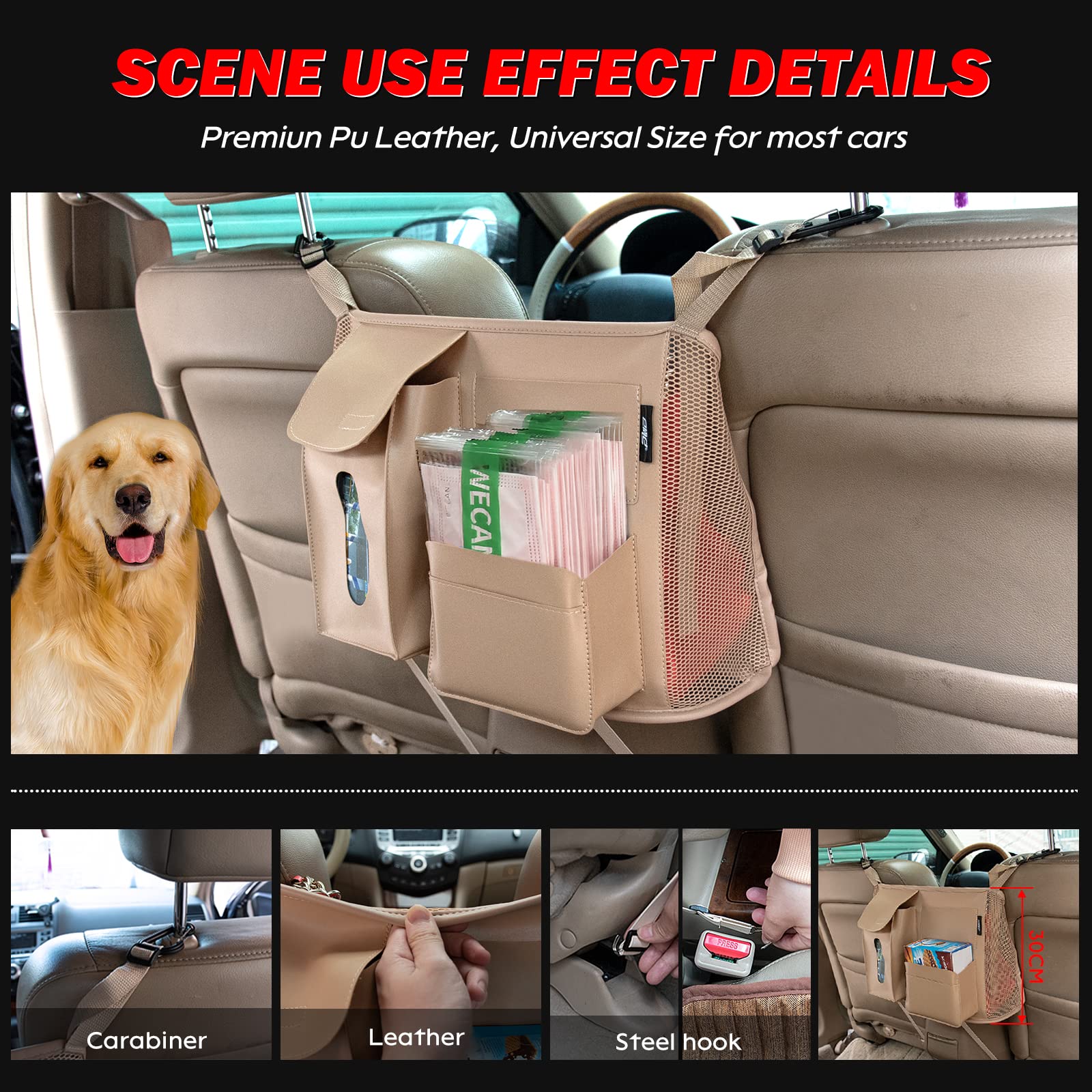 eing Pocket Handbag Holder Purse Hook for Car Pu Leather Seat Back Organizer Barrier for Pet Kids, Between Two Seats, Beige - Image 5