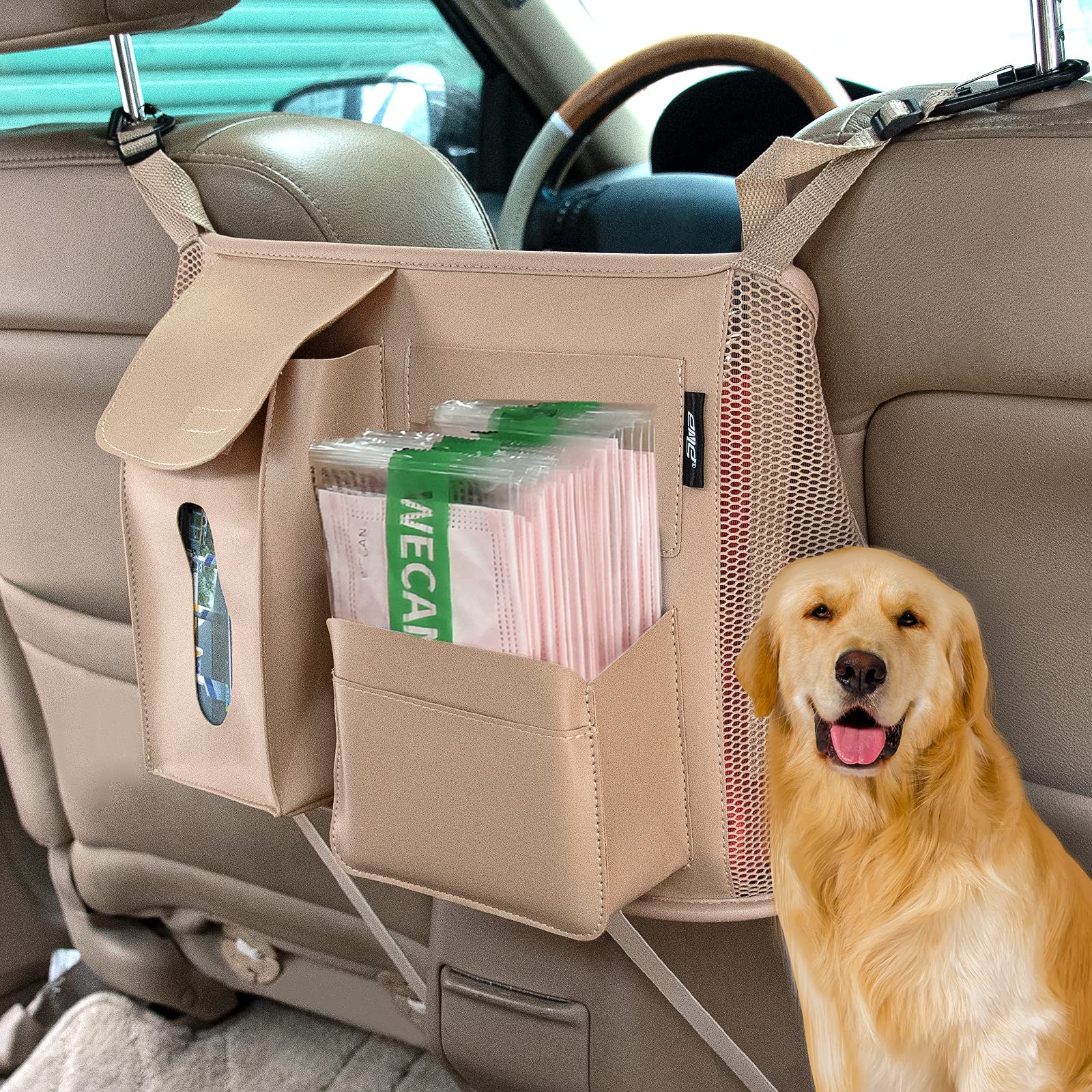 eing Pocket Handbag Holder Purse Hook for Car Pu Leather Seat Back Organizer Barrier for Pet Kids, Between Two Seats, Beige - Image 7