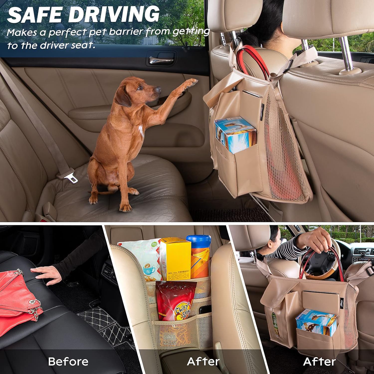 eing Pocket Handbag Holder Purse Hook for Car Pu Leather Seat Back Organizer Barrier for Pet Kids, Between Two Seats, Beige - Image 8