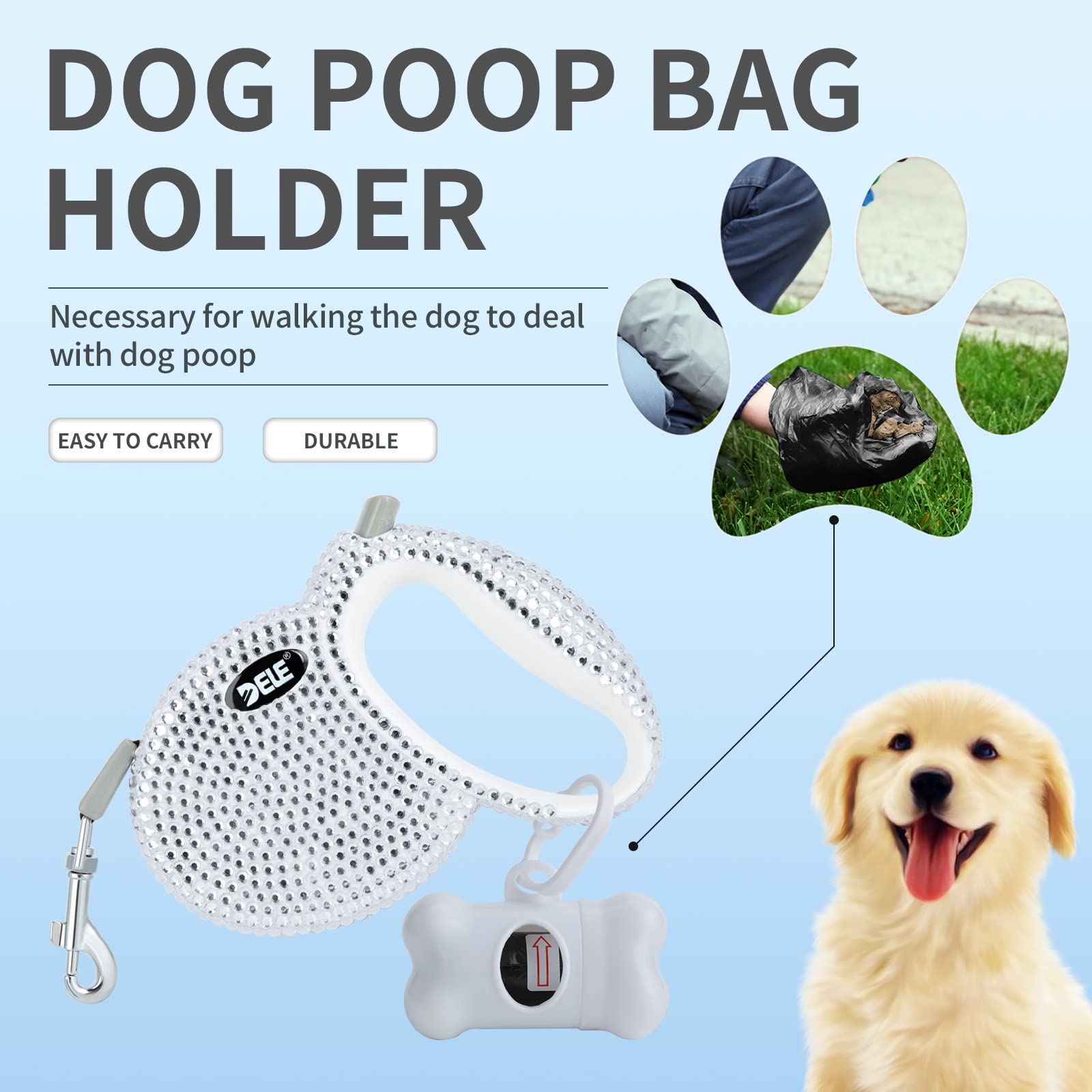 eing Retractable Dog Leash, Pet Walking Leash with Anti-Slip Handle, Strong Nylon Tape, 360°Tangle-Free, Suitable for Small Medium Dog Cat, Gift Waste Bags Dispenser Included,10 ft,White - Image 4