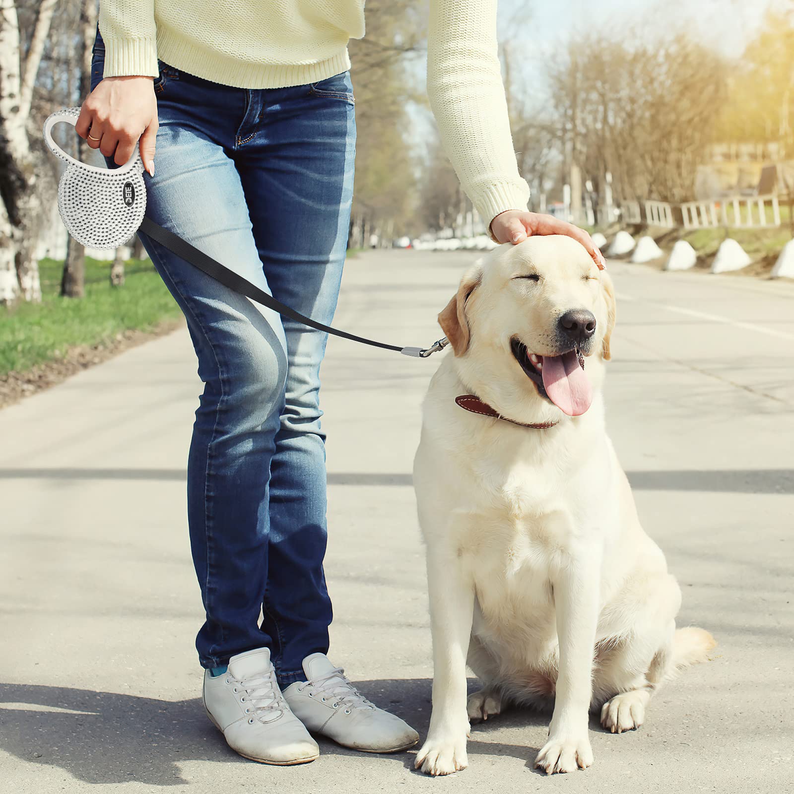 eing Retractable Dog Leash, Pet Walking Leash with Anti-Slip Handle, Strong Nylon Tape, 360°Tangle-Free, Suitable for Small Medium Dog Cat, Gift Waste Bags Dispenser Included,10 ft,White - Image 5