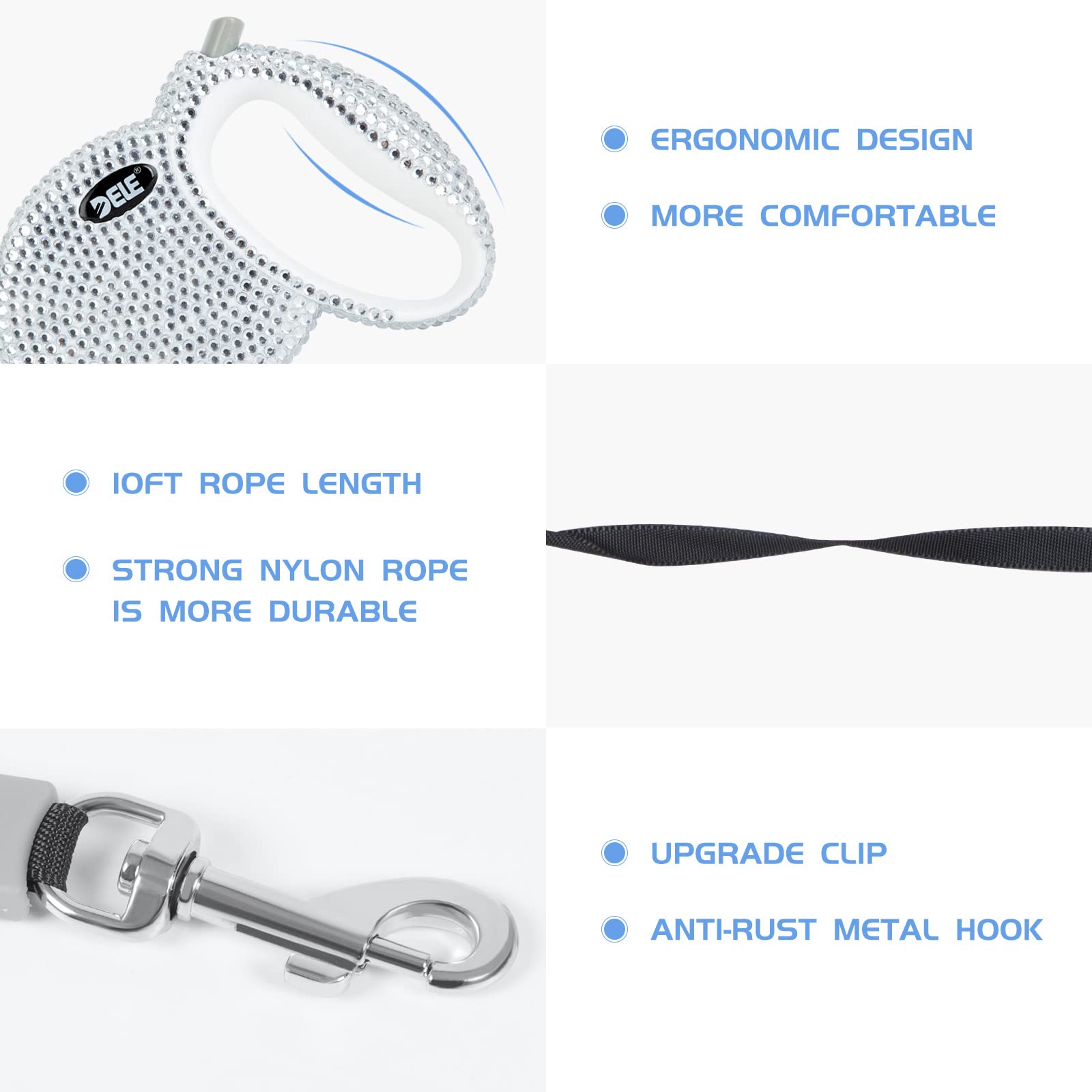 eing Retractable Dog Leash, Pet Walking Leash with Anti-Slip Handle, Strong Nylon Tape, 360°Tangle-Free, Suitable for Small Medium Dog Cat, Gift Waste Bags Dispenser Included,10 ft,White - Image 6