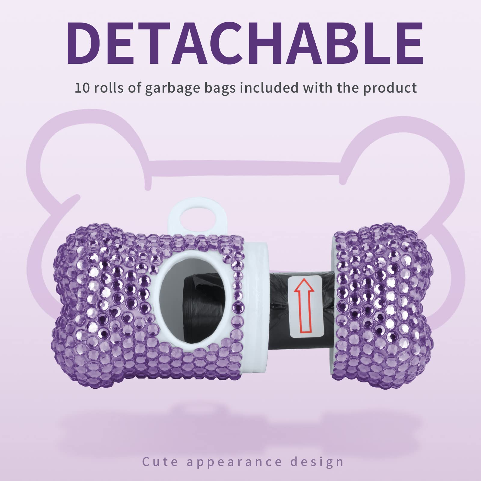 Eing Rhinestone Dog Poop Bag Holder - Doggy Waste Bags Dispenser with Metal Carabiner Clip - Includes 10 Roll (150 Bags), Purple - Image 3