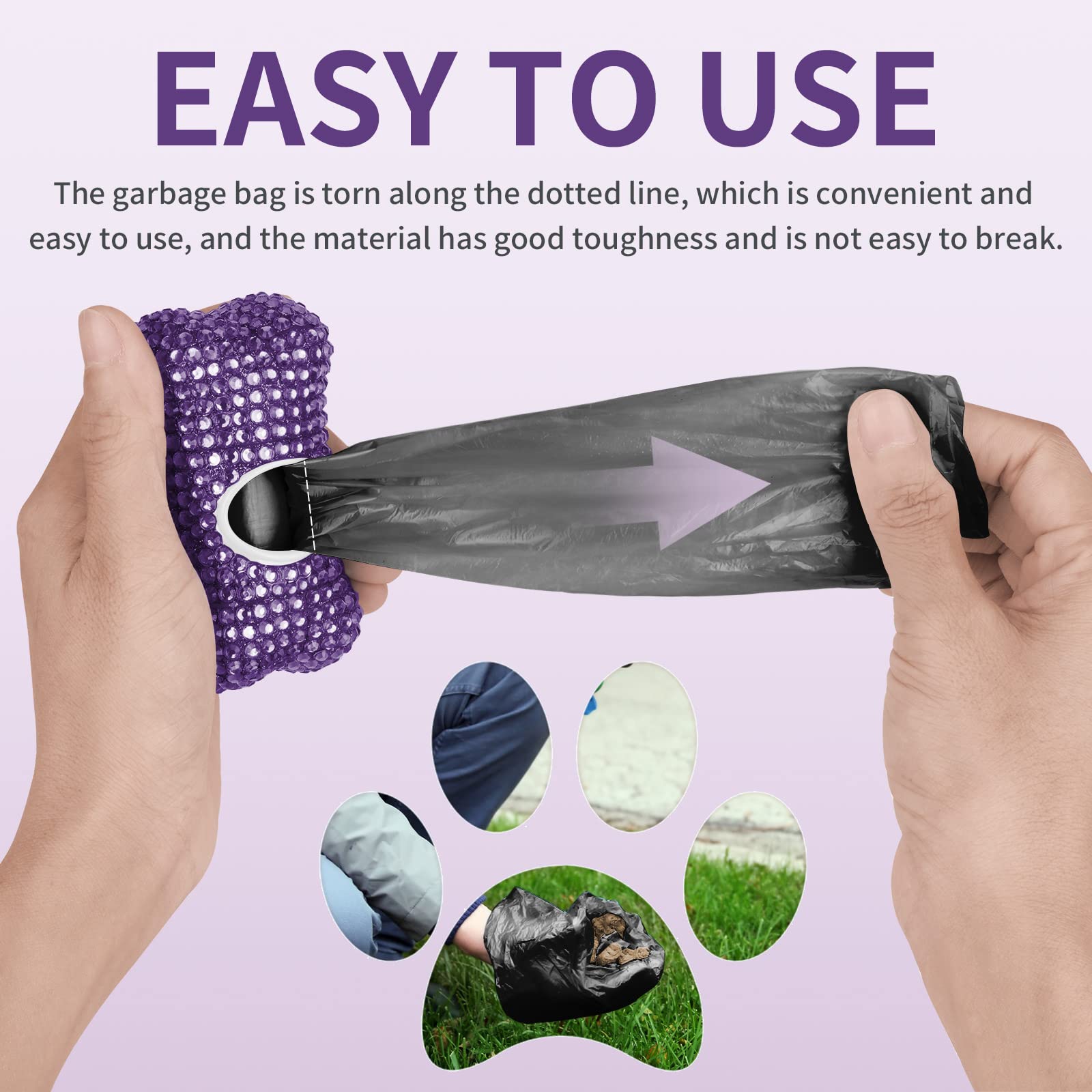 Eing Rhinestone Dog Poop Bag Holder - Doggy Waste Bags Dispenser with Metal Carabiner Clip - Includes 10 Roll (150 Bags), Purple - Image 4