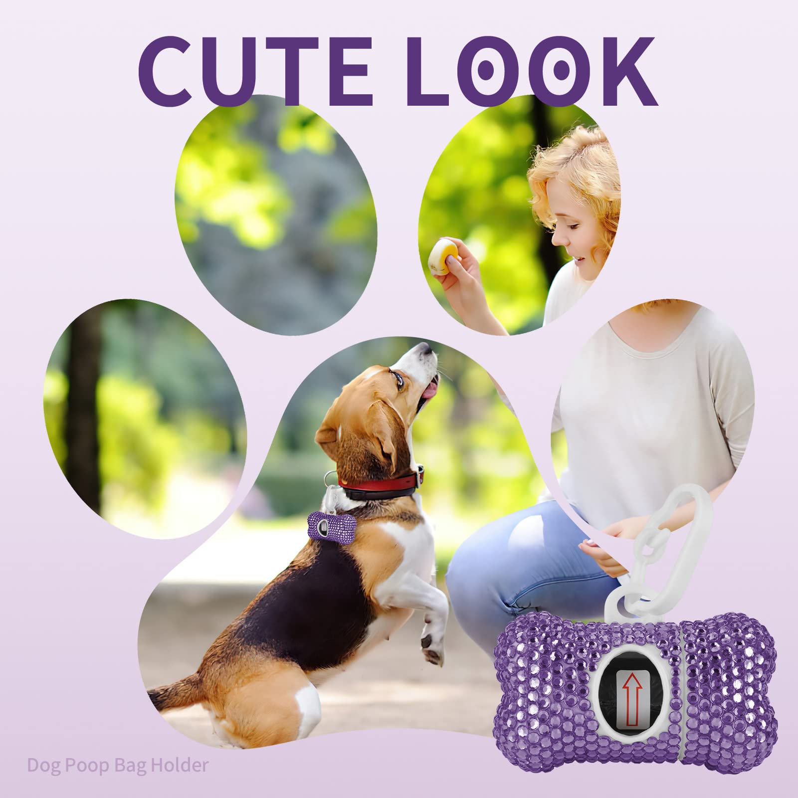 Eing Rhinestone Dog Poop Bag Holder - Doggy Waste Bags Dispenser with Metal Carabiner Clip - Includes 10 Roll (150 Bags), Purple - Image 5